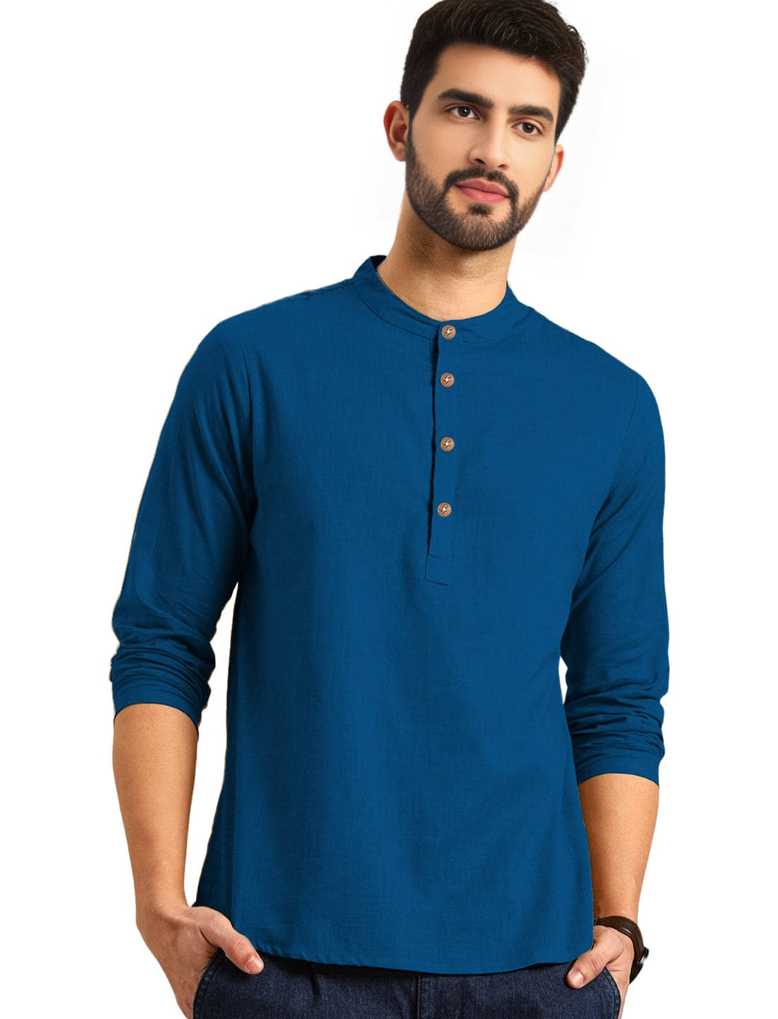 BHUVIKOO Blue Cotton Blend Men's Shirt Style Kurta ( Pack of 1 ) BHUVIKOO Blue Cotton Blend Men's Shirt Style Kurta ( Pack of 1 )