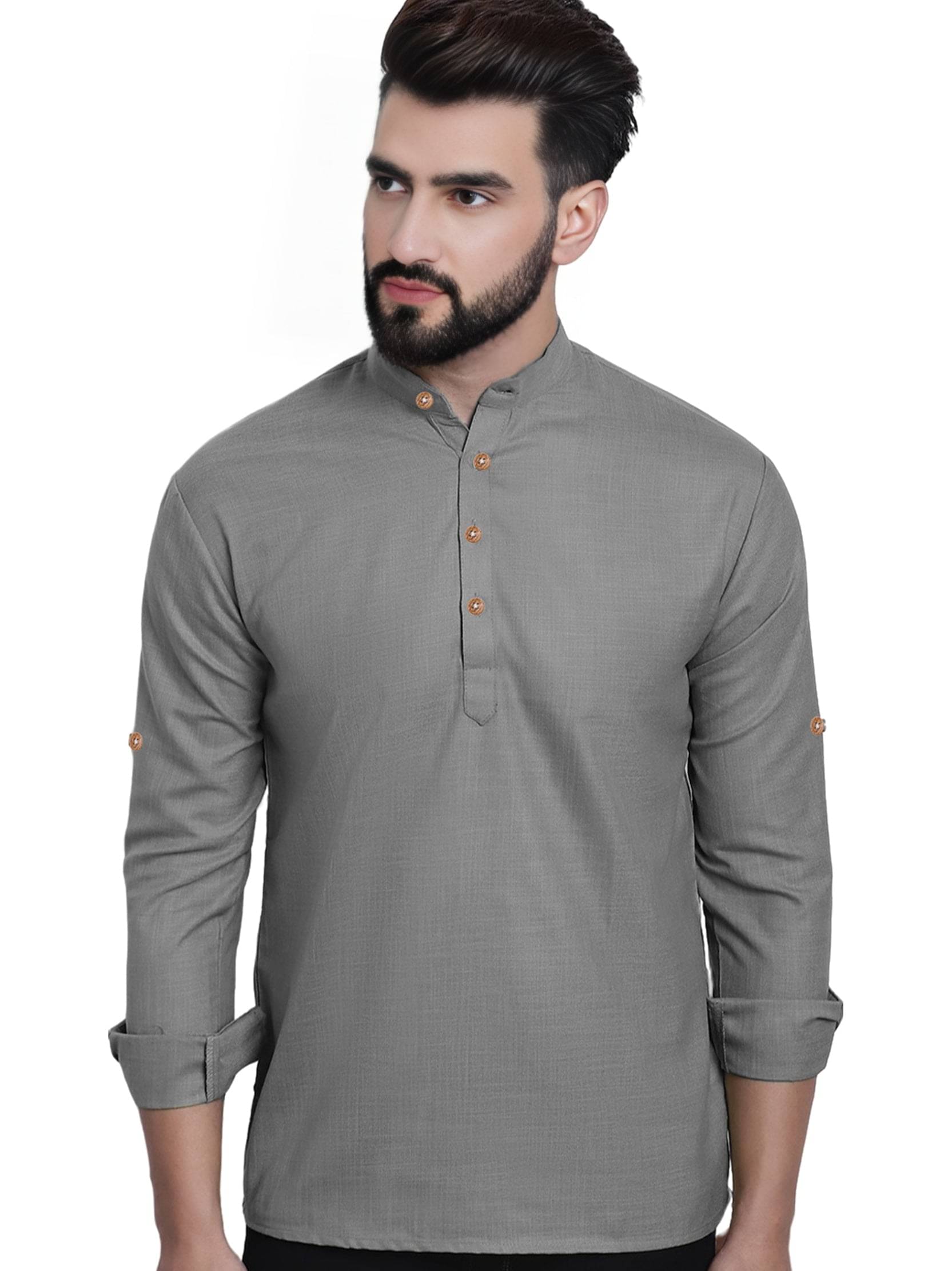 BHUVIKOO Grey Cotton Blend Men's Shirt Style Kurta ( Pack of 1 )     			BHUVIKOO Grey Cotton Blend Men's Shirt Style Kurta ( Pack of 1 )