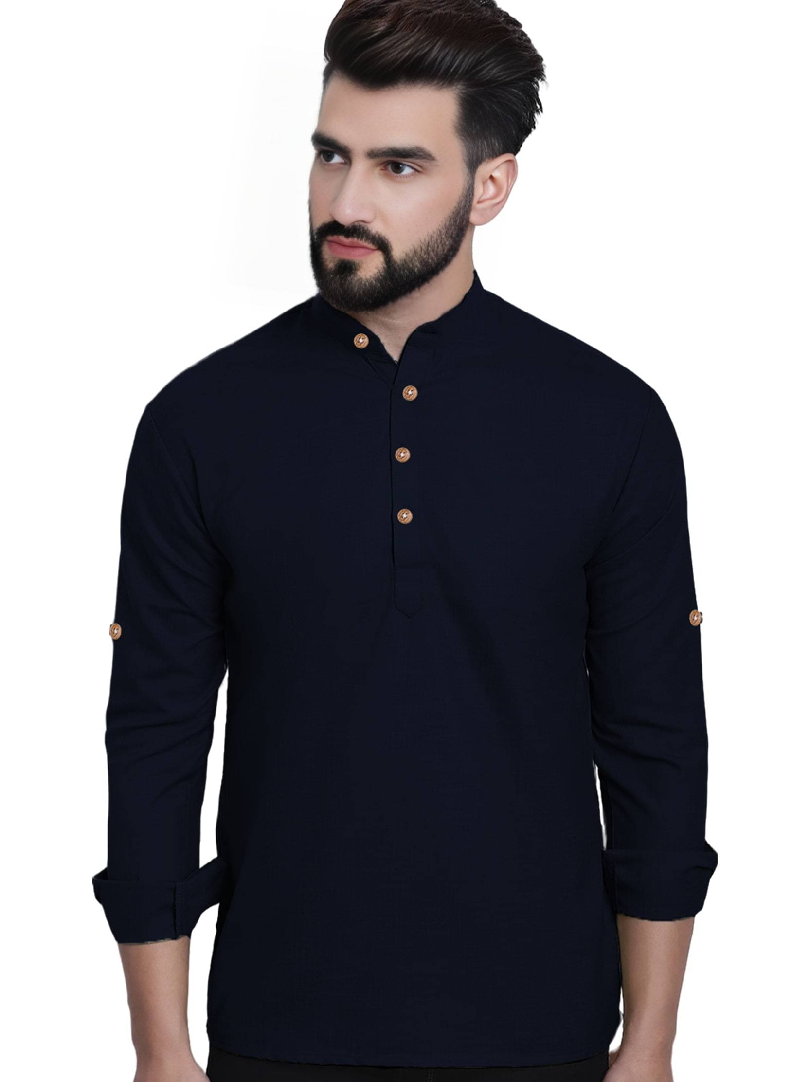     			BHUVIKOO Navy Cotton Blend Men's Shirt Style Kurta ( Pack of 1 )
