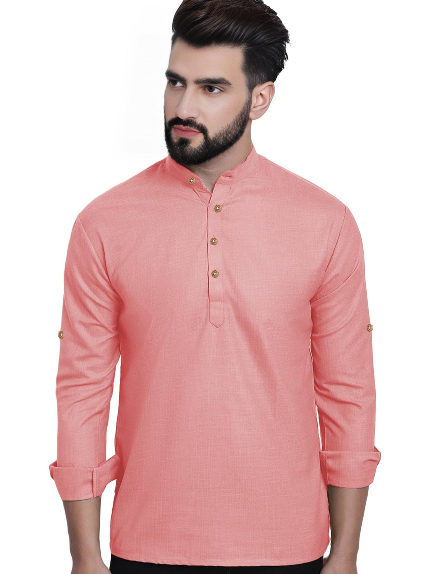 BHUVIKOO Peach Cotton Blend Men's Shirt Style Kurta ( Pack of 1 ) BHUVIKOO Peach Cotton Blend Men's Shirt Style Kurta ( Pack of 1 )