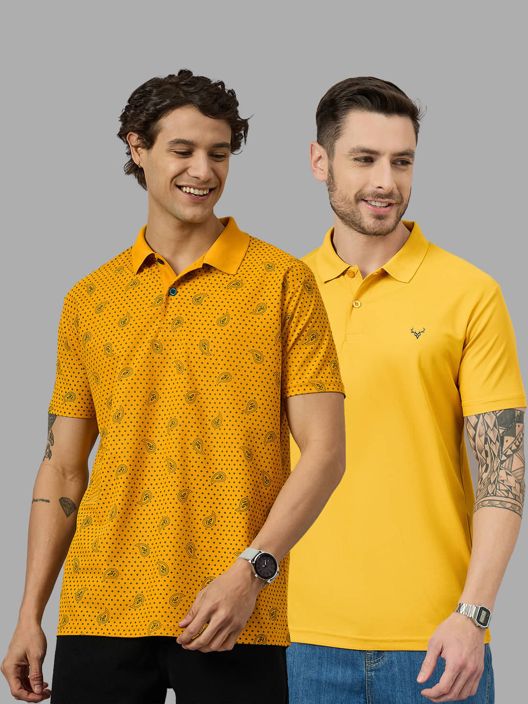     			BRONATION Pack of 2 Cotton Blend Regular Fit Printed Half Sleeves Men's Polo T Shirt ( Mustard )
