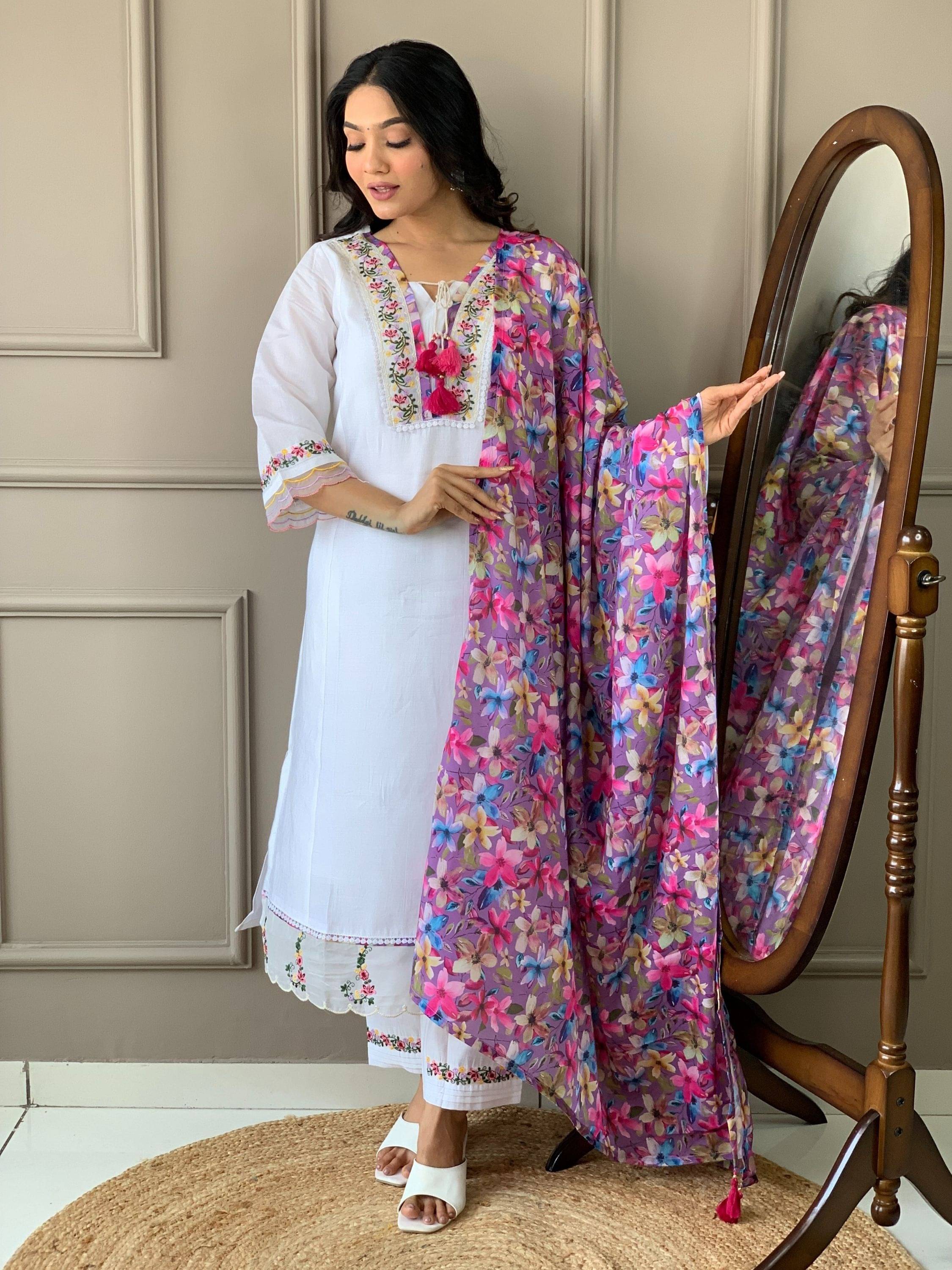 Eeloo Chanderi Embroidered Kurti With Pants Women's Stitched Salwar Suit - White ( Pack of 1 ) Eeloo Chanderi Embroidered Kurti With Pants Women's Stitched Salwar Suit - White ( Pack of 1 )