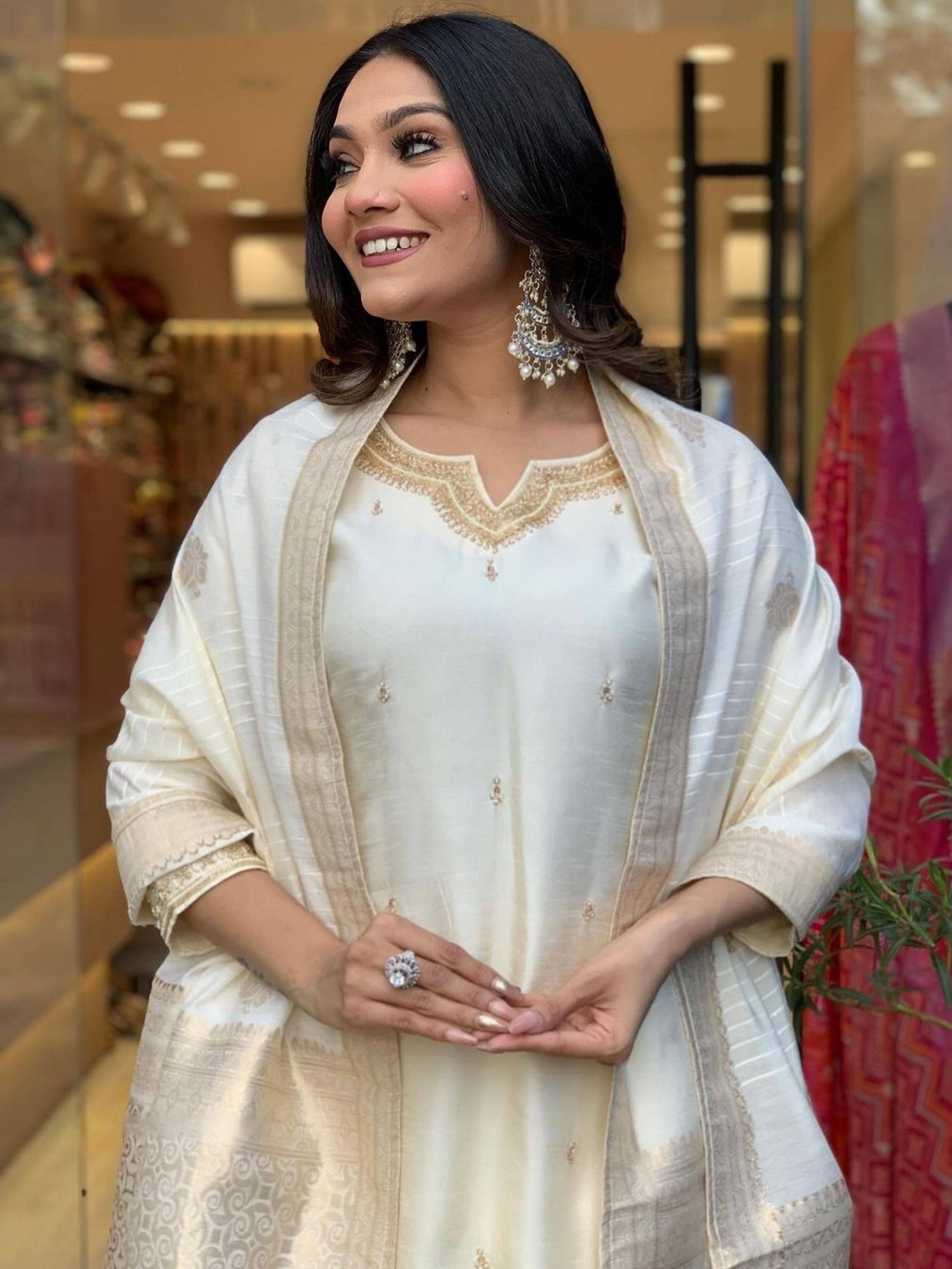     			Eeloo Chanderi Embroidered Kurti With Pants Women's Stitched Salwar Suit - Cream ( Pack of 1 )