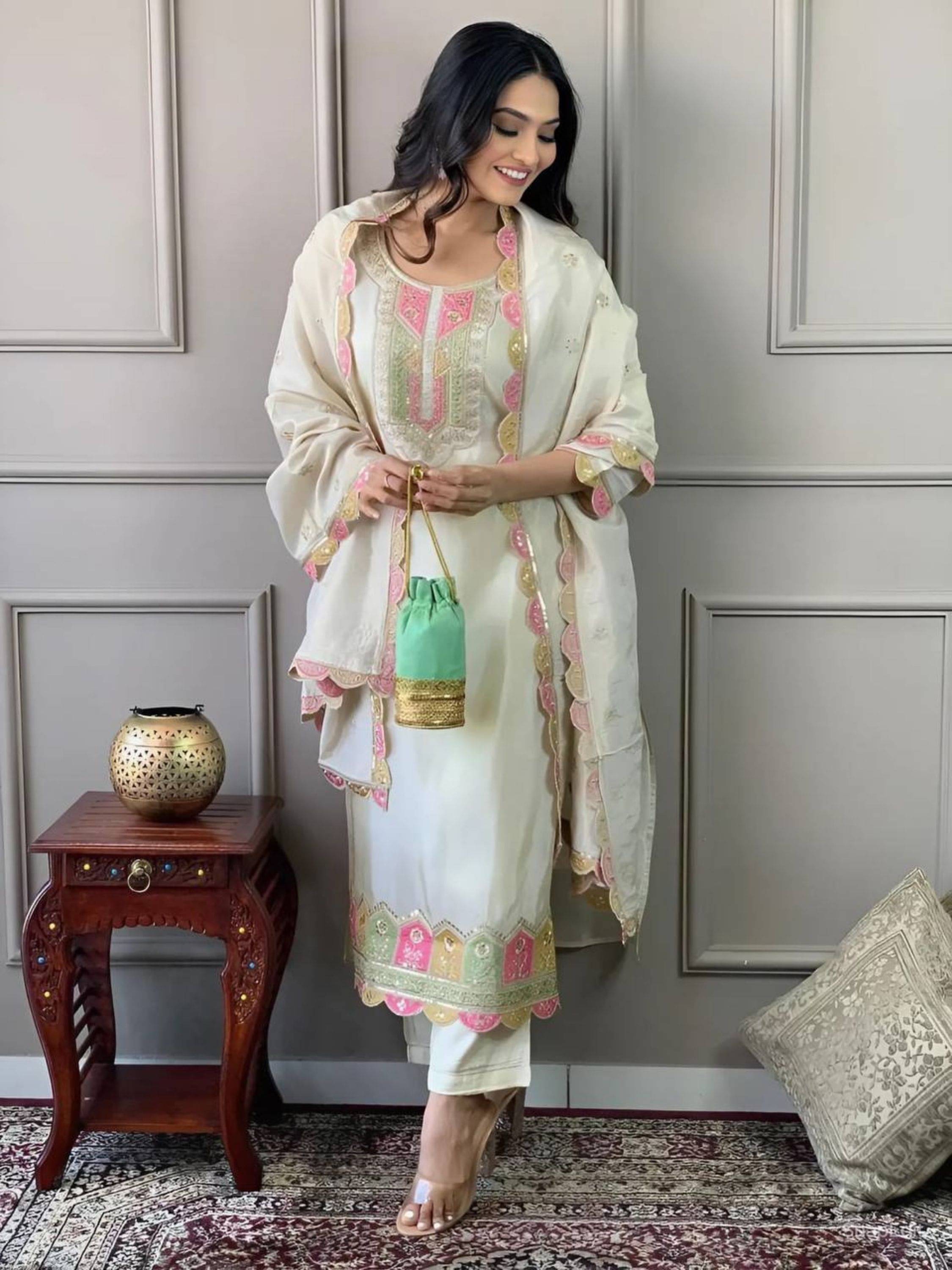     			Eeloo Chanderi Embroidered Kurti With Pants Women's Stitched Salwar Suit - Cream ( Pack of 1 )