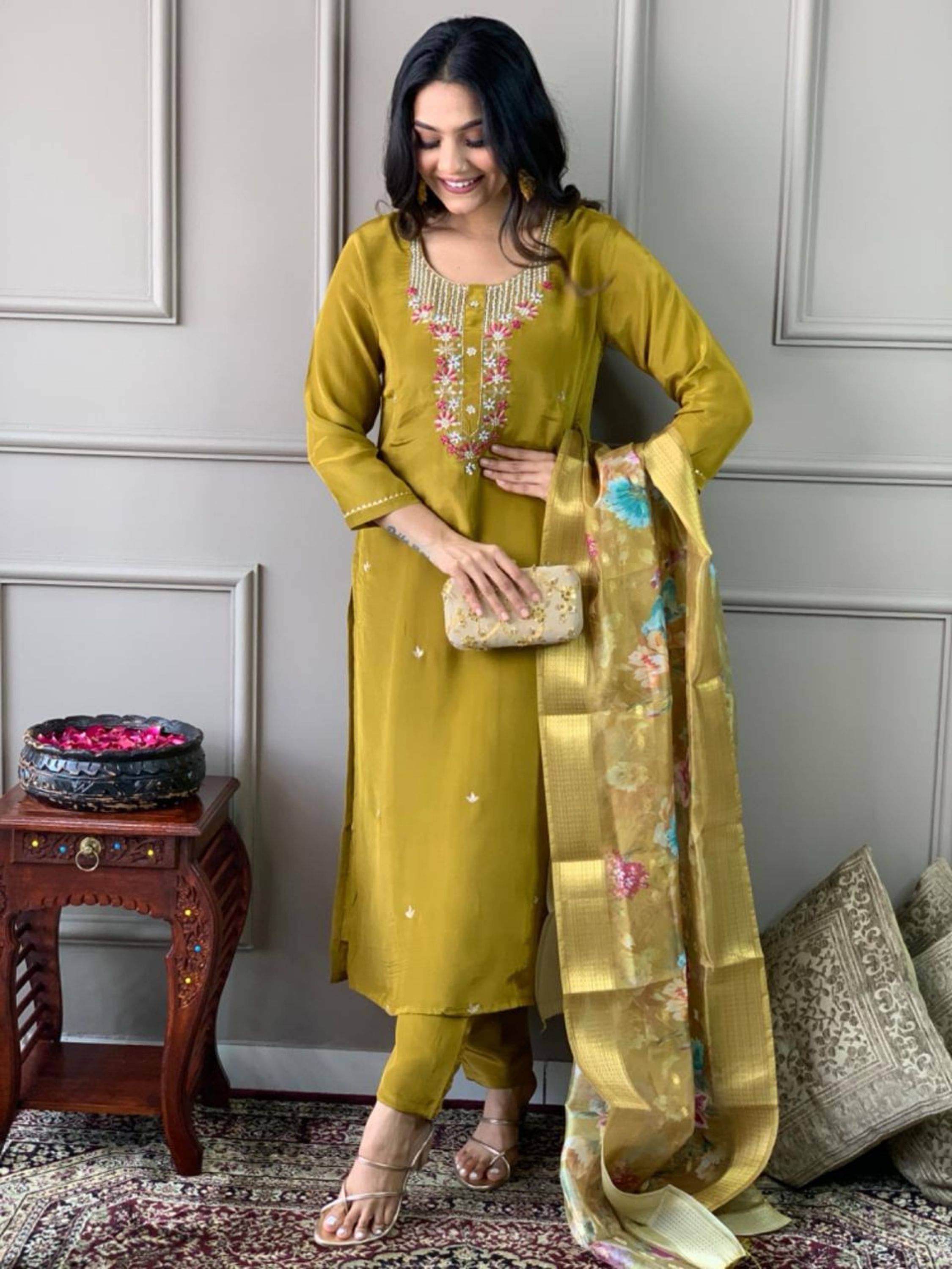 Eeloo Chanderi Embroidered Kurti With Pants Women's Stitched Salwar Suit - Mustard ( Pack of 1 ) Eeloo Chanderi Embroidered Kurti With Pants Women's Stitched Salwar Suit - Mustard ( Pack of 1 )