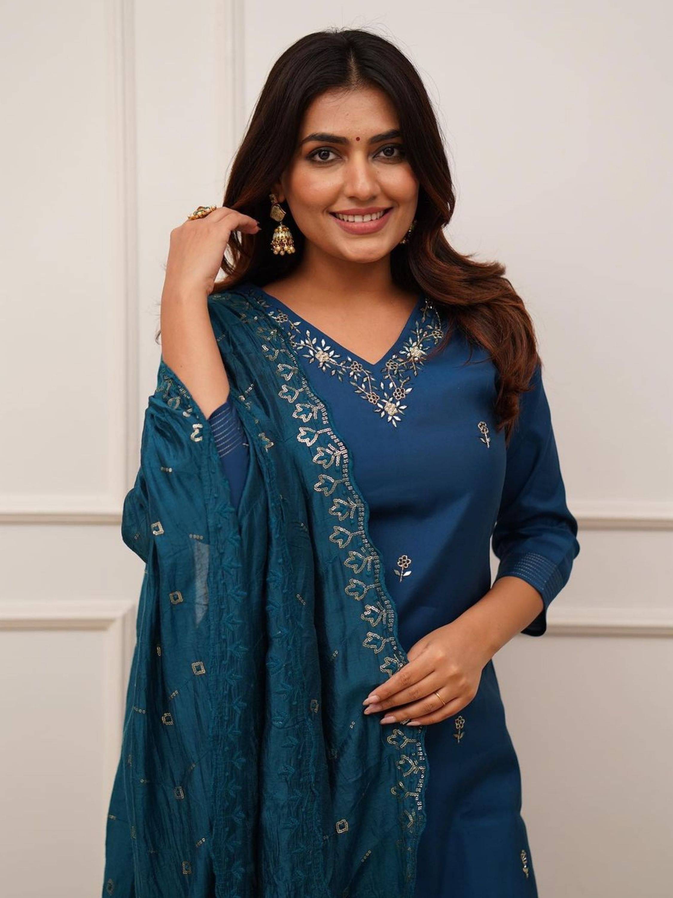 Eeloo Chanderi Embroidered Kurti With Pants Women's Stitched Salwar Suit - Turquoise ( Pack of 1 ) Eeloo Chanderi Embroidered Kurti With Pants Women's Stitched Salwar Suit - Turquoise ( Pack of 1 )
