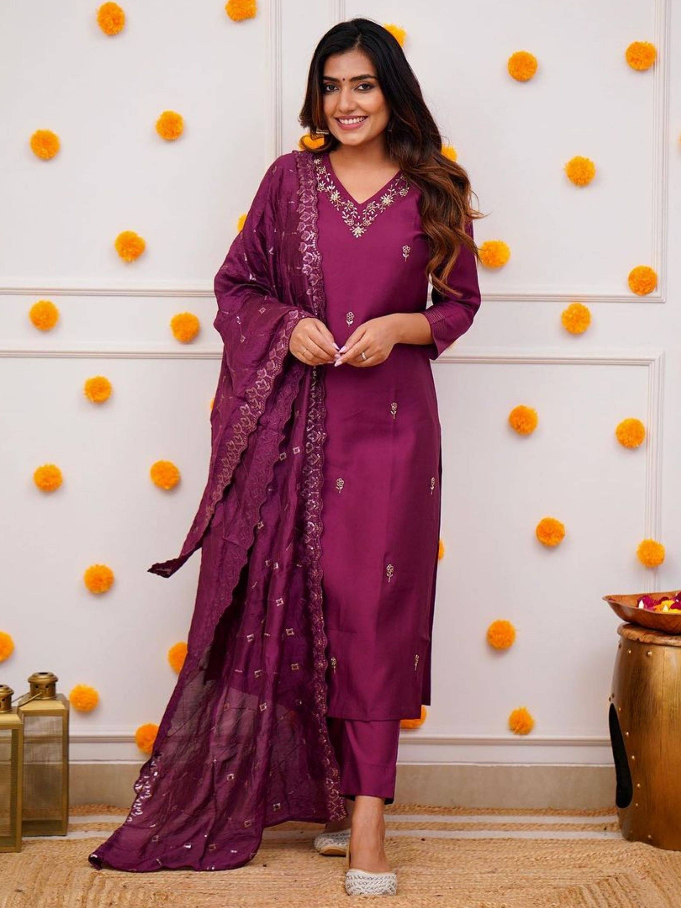 Eeloo Chanderi Embroidered Kurti With Pants Women's Stitched Salwar Suit - Purple ( Pack of 1 )     			Eeloo Chanderi Embroidered Kurti With Pants Women's Stitched Salwar Suit - Purple ( Pack of 1 )