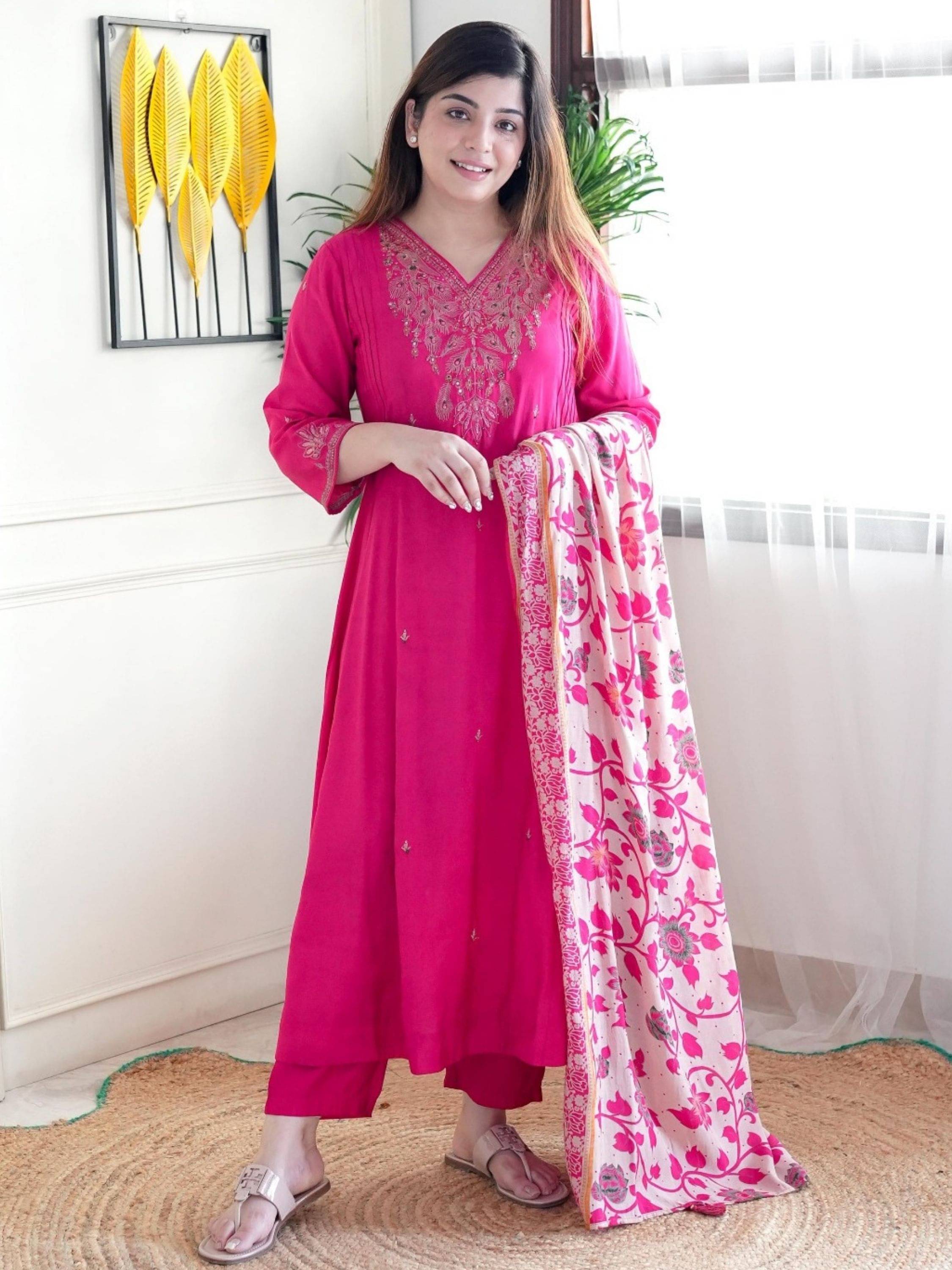 Eeloo Chanderi Embroidered Kurti With Pants Women's Stitched Salwar Suit - Pink ( Pack of 1 ) Eeloo Chanderi Embroidered Kurti With Pants Women's Stitched Salwar Suit - Pink ( Pack of 1 )