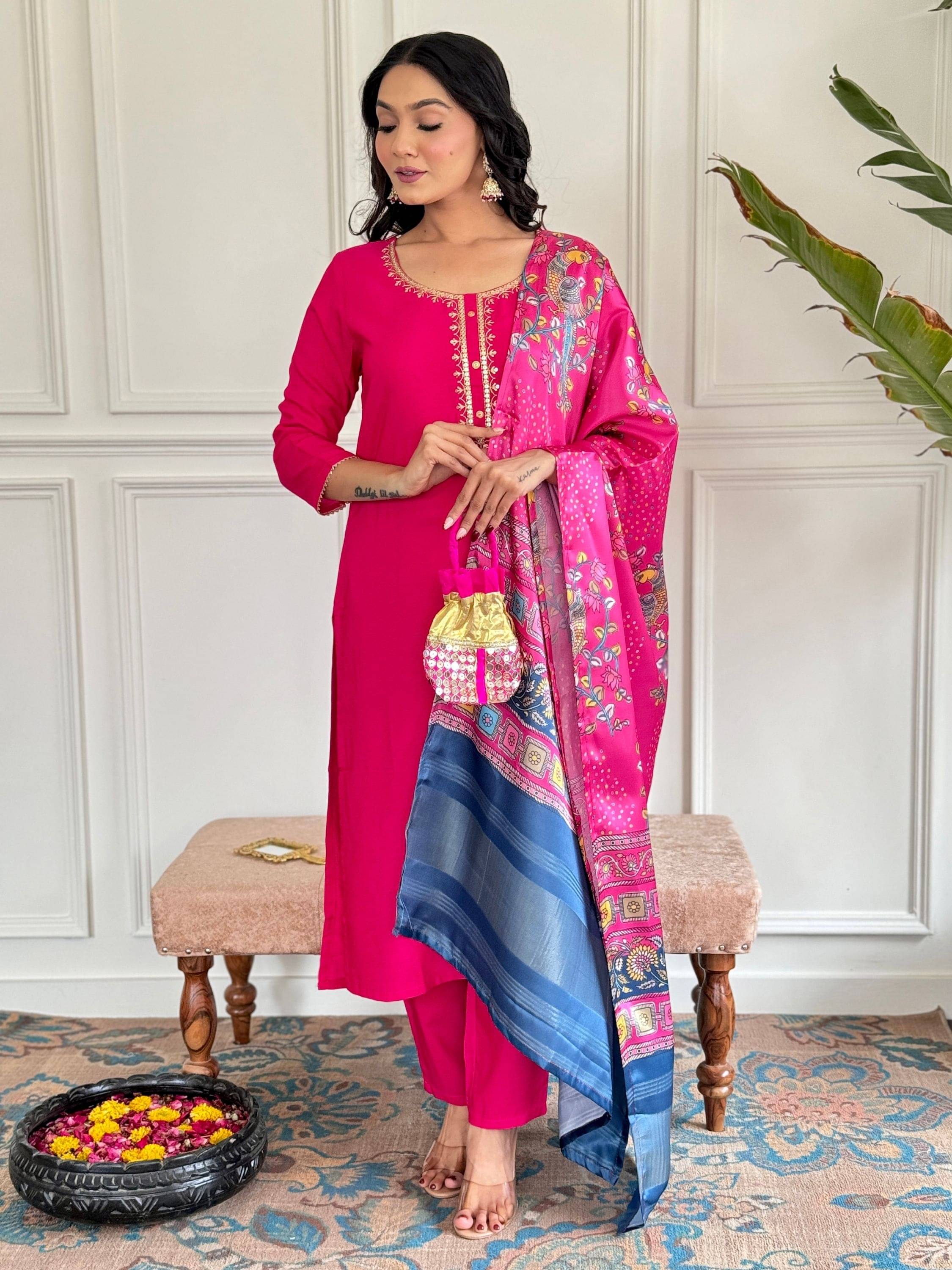 Eeloo Viscose Embroidered Kurti With Pants Women's Stitched Salwar Suit - Pink ( Pack of 1 ) Eeloo Viscose Embroidered Kurti With Pants Women's Stitched Salwar Suit - Pink ( Pack of 1 )