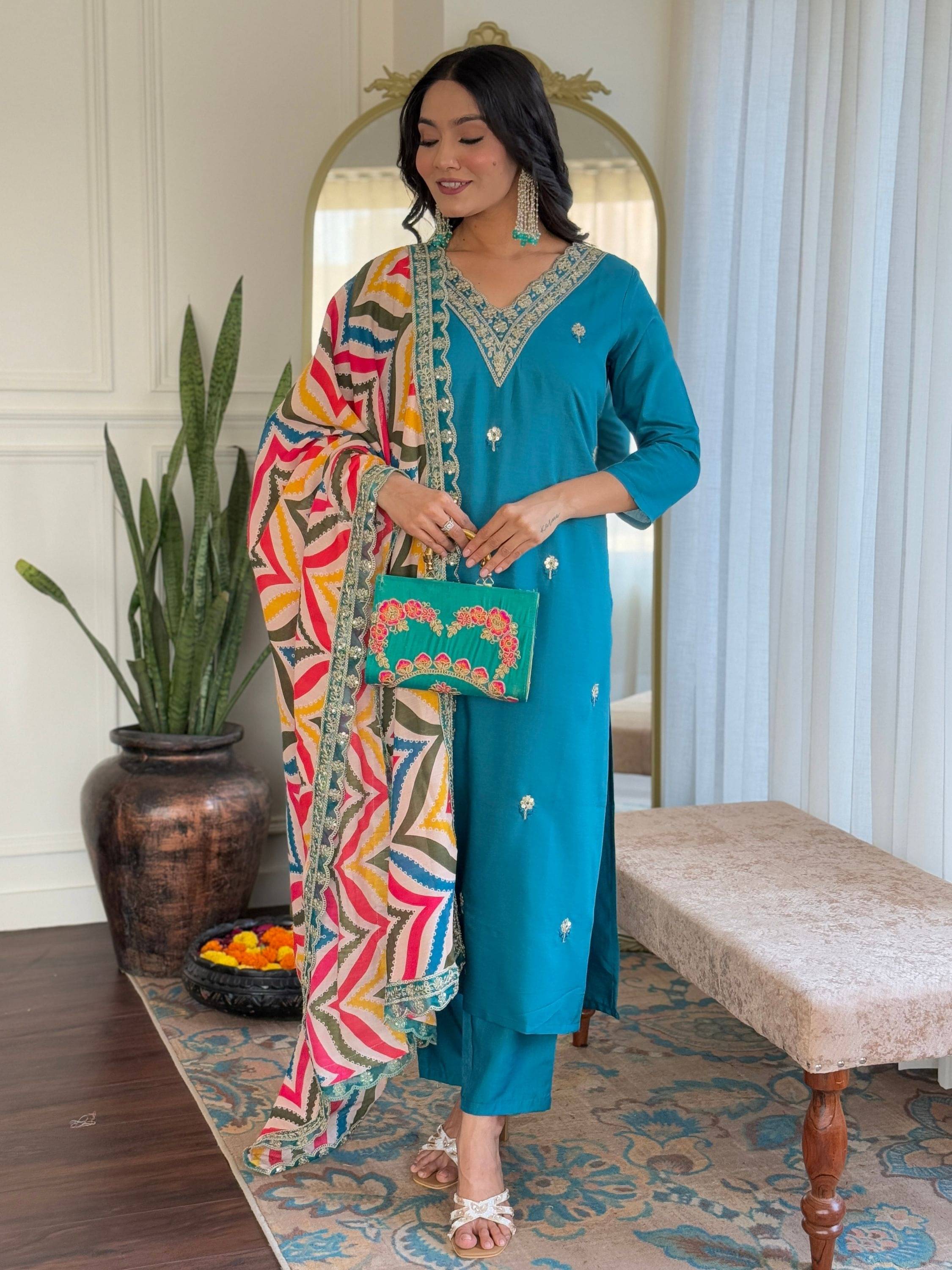 Eeloo Viscose Embroidered Kurti With Pants Women's Stitched Salwar Suit - Turquoise ( Pack of 1 ) Eeloo Viscose Embroidered Kurti With Pants Women's Stitched Salwar Suit - Turquoise ( Pack of 1 )