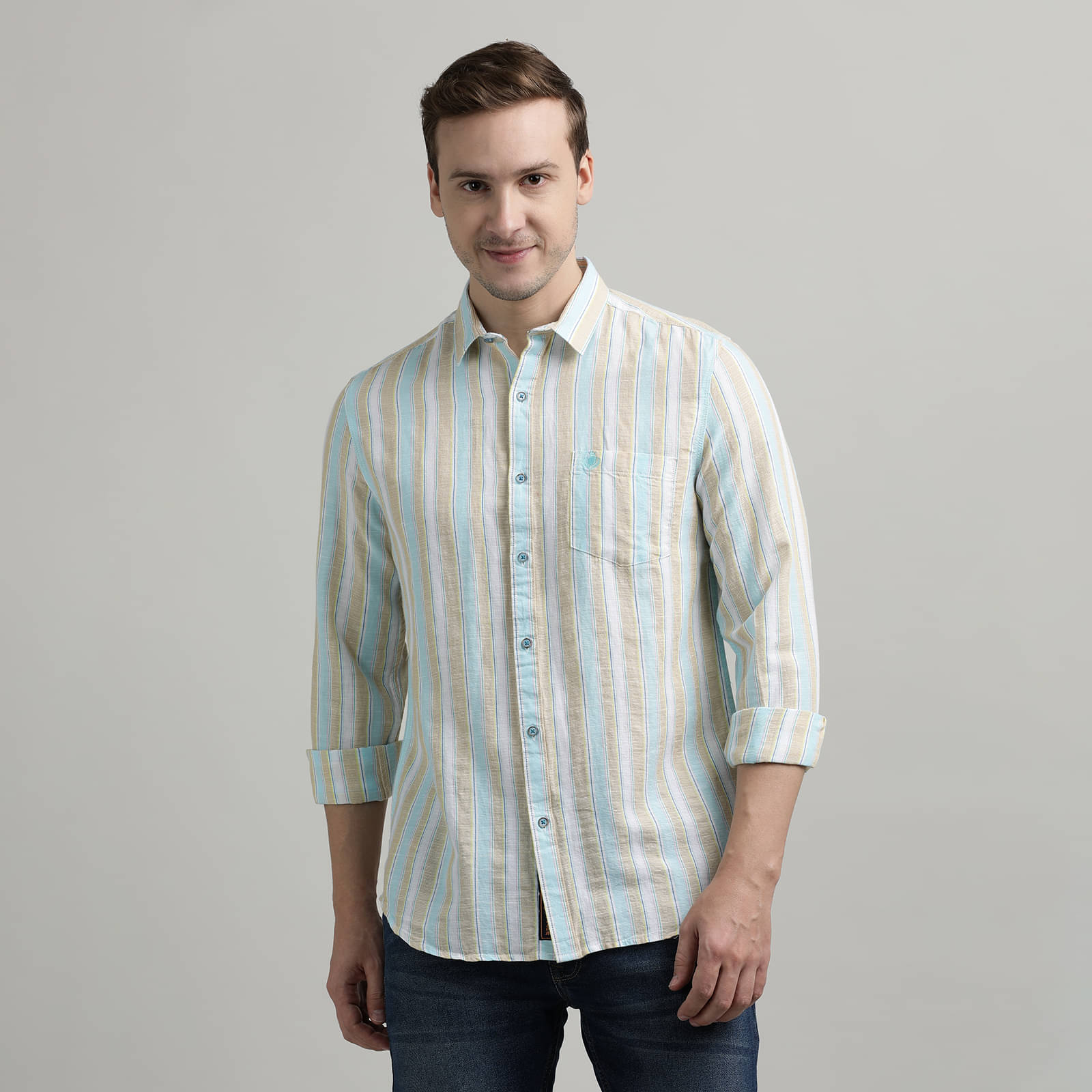 INDOCOTTON 100% Cotton Slim Fit Striped Full Sleeves Men's Casual Shirt - Beige ( Pack of 1 ) INDOCOTTON 100% Cotton Slim Fit Striped Full Sleeves Men's Casual Shirt - Beige ( Pack of 1 )