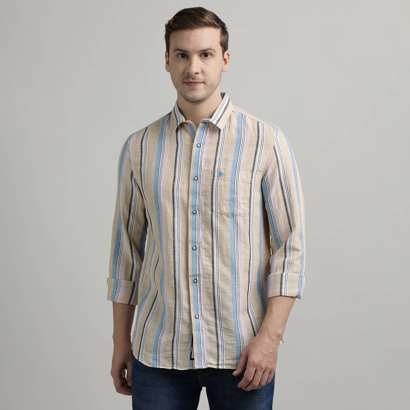 INDOCOTTON 100% Cotton Slim Fit Striped Full Sleeves Men's Casual Shirt - Beige ( Pack of 1 ) INDOCOTTON 100% Cotton Slim Fit Striped Full Sleeves Men's Casual Shirt - Beige ( Pack of 1 )
