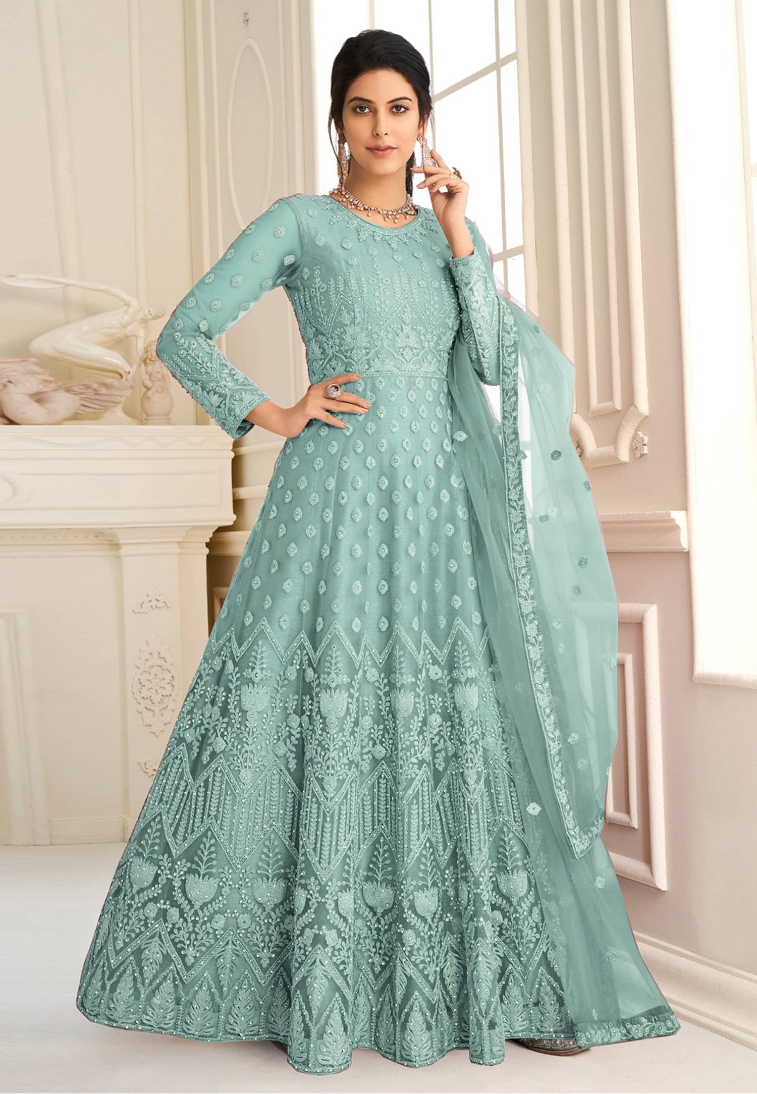 JULEE Mint Green Flared Net Women's Semi Stitched Ethnic Gown ( Pack of 1 ) JULEE Mint Green Flared Net Women's Semi Stitched Ethnic Gown ( Pack of 1 )