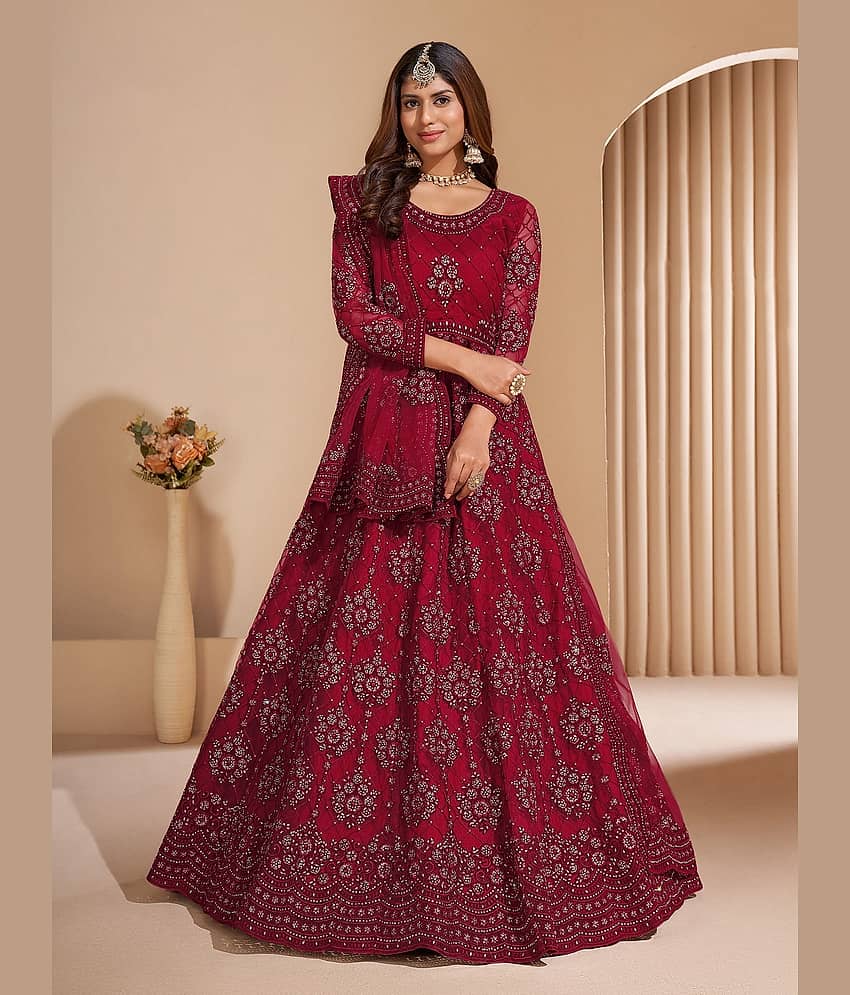 KV Fashion Maroon Flared Net Women's Semi Stitched Ethnic Gown ( Pack of 1 ) - Unstitched Fabrics | Buy online on ZillyBuy