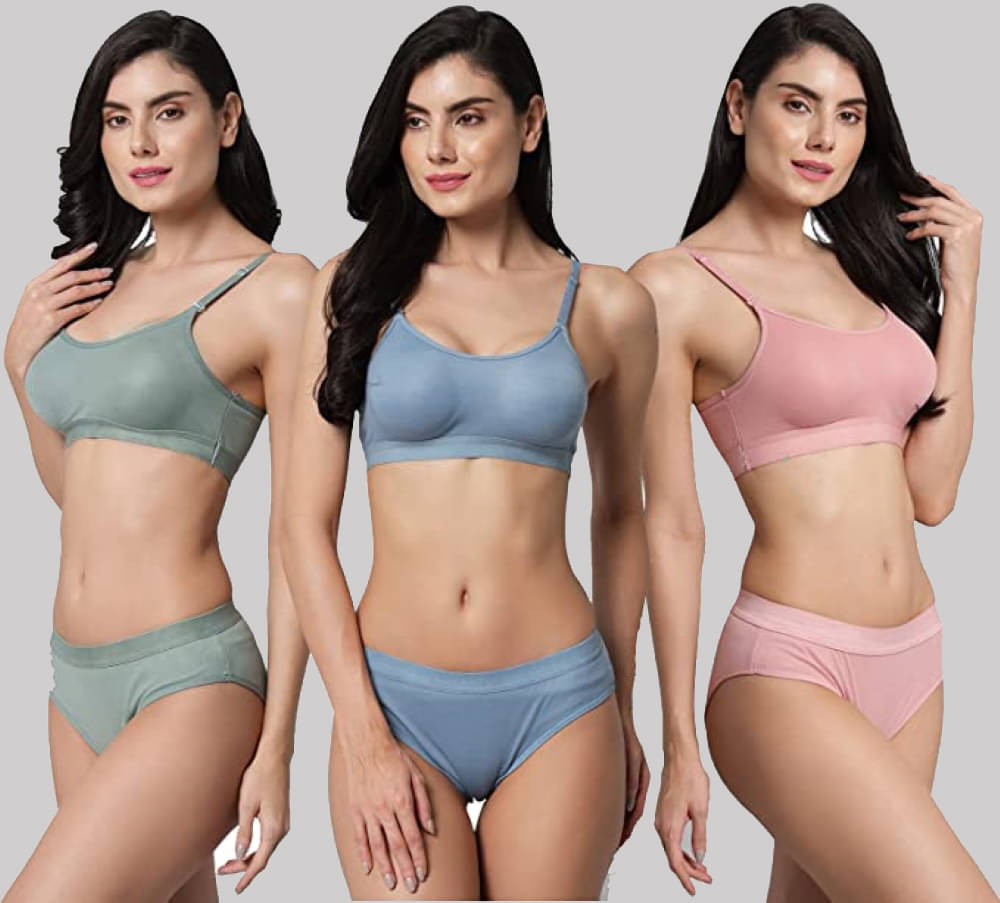 Kiran Enterprises Pack of 3 Cotton Lycra Bra & Panty Set For Women ( Pink,Blue,Green ) Kiran Enterprises Pack of 3 Cotton Lycra Bra & Panty Set For Women ( Pink,Blue,Green )