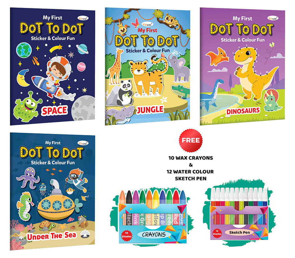My first Dot to Dot Sticker & Colour Fun - Under the Sea, Jungle, Space and Dinosaurs with 10 wax crayons and 12 Water colour sketch pen : Kids Art Book, Coluring book for young kids, Creative Sticker colouring Book | Combo of 4 Colouring Books     			My first Dot to Dot Sticker & Colour Fun - Under the Sea, Jungle, Space and Dinosaurs with 10 wax crayons and 12 Water colour sketch pen : Kids Art Book, Coluring book for young kids, Creative Sticker colouring Book | Combo of 4 Colouring Books