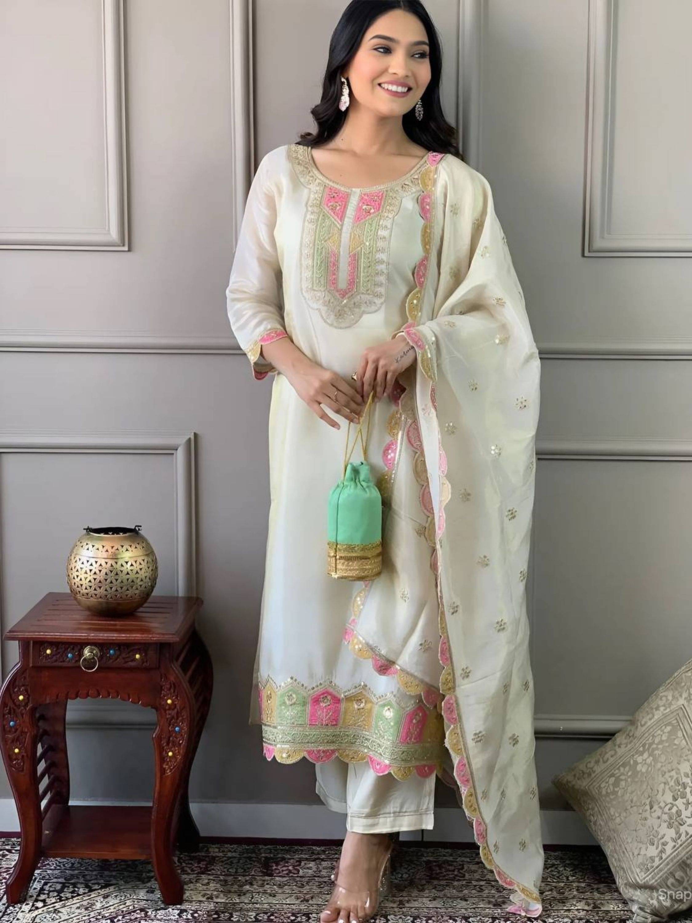     			Niza Fashion Chanderi Embroidered Kurti With Pants Women's Stitched Salwar Suit - Cream ( Pack of 1 )