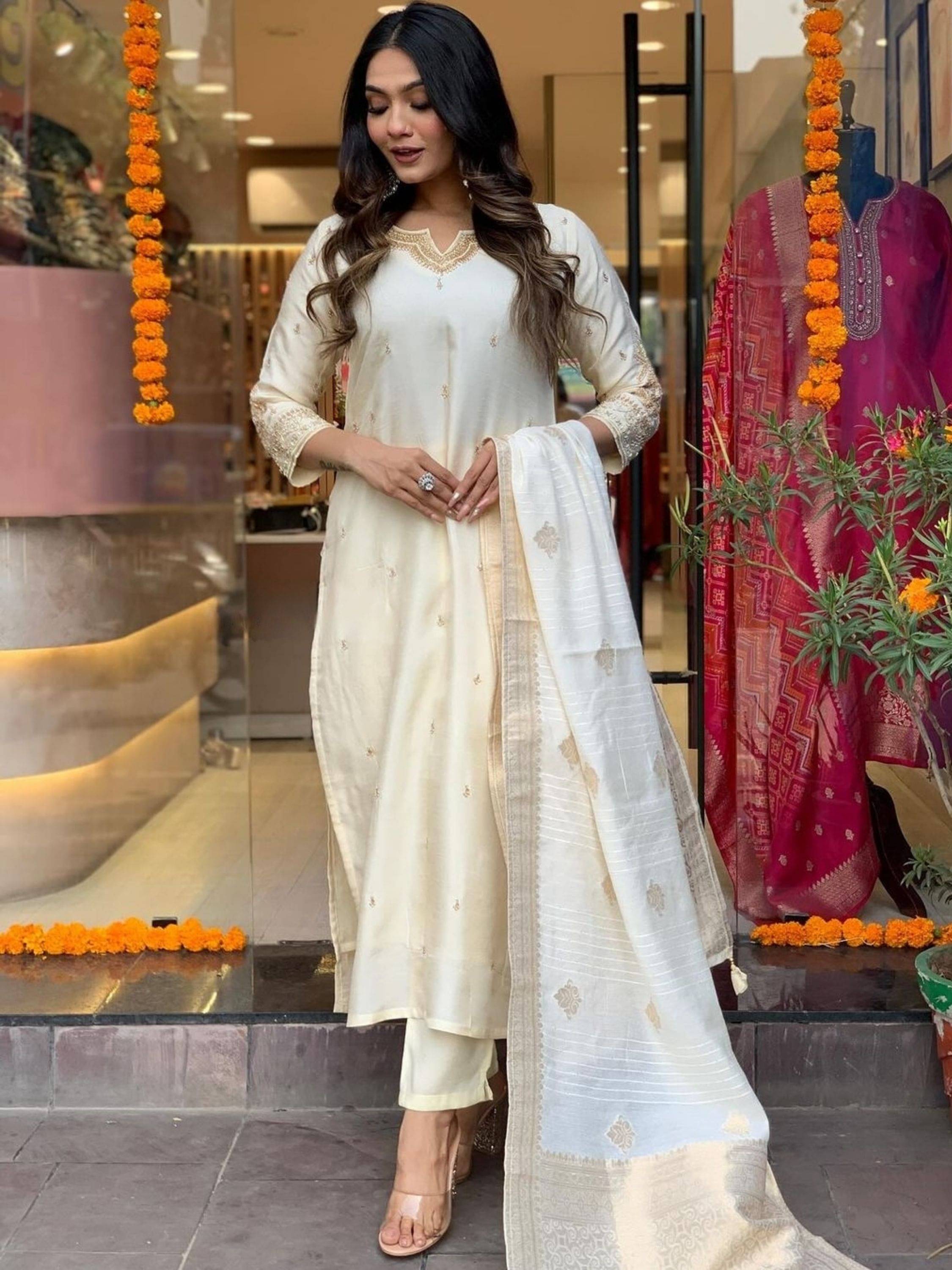     			Niza Fashion Chanderi Embroidered Kurti With Pants Women's Stitched Salwar Suit - Cream ( Pack of 1 )