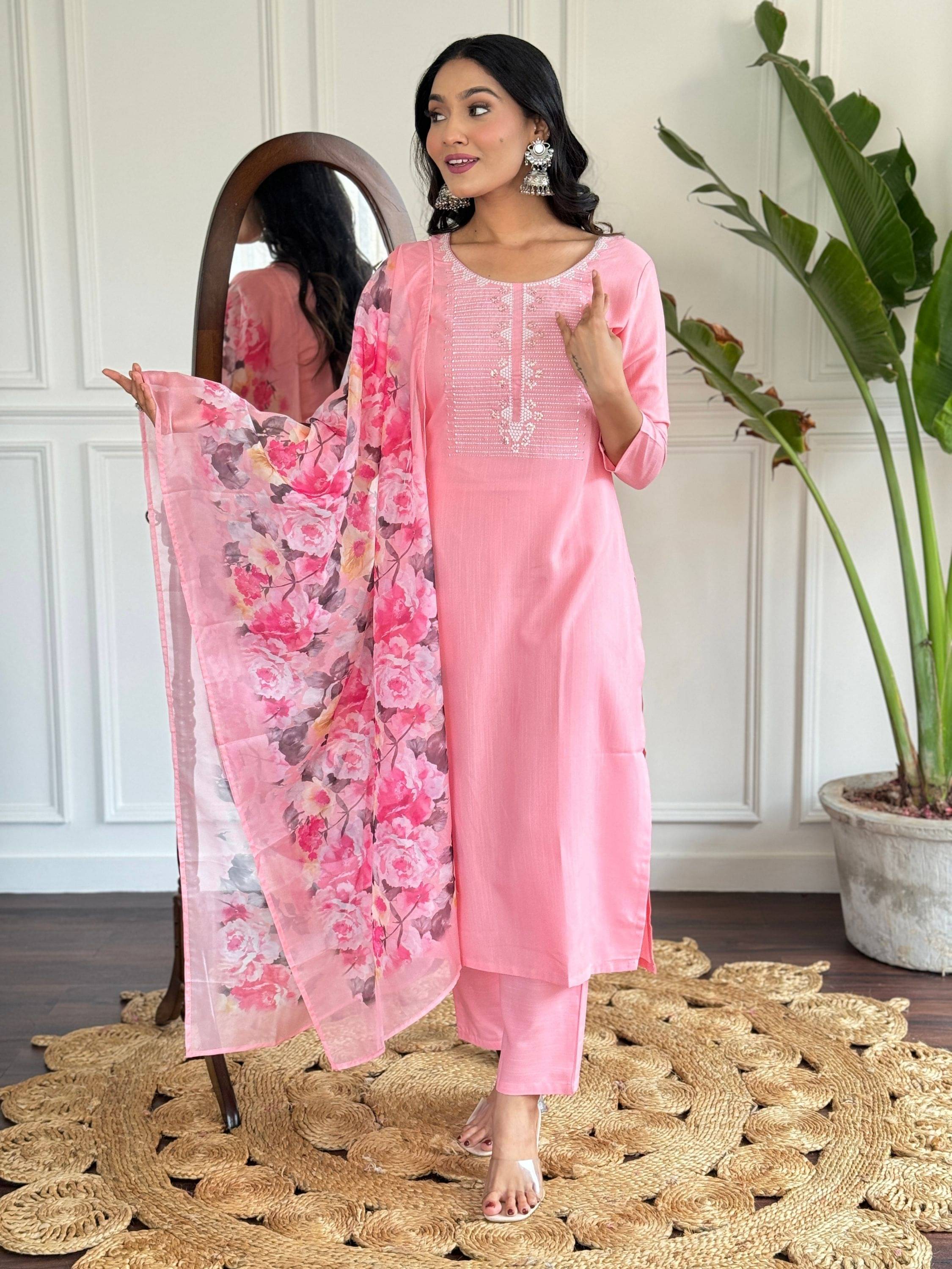 Niza Fashion Rayon Embroidered Kurti With Pants Women's Stitched Salwar Suit - Pink ( Pack of 1 ) Niza Fashion Rayon Embroidered Kurti With Pants Women's Stitched Salwar Suit - Pink ( Pack of 1 )
