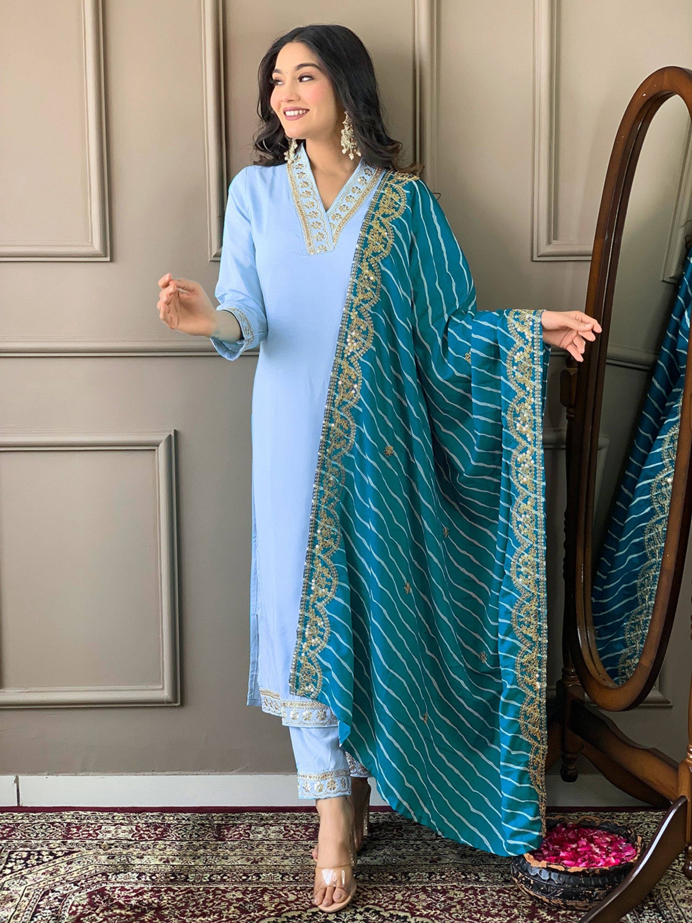     			Niza Fashion Viscose Embroidered Kurti With Pants Women's Stitched Salwar Suit - Blue ( Pack of 1 )
