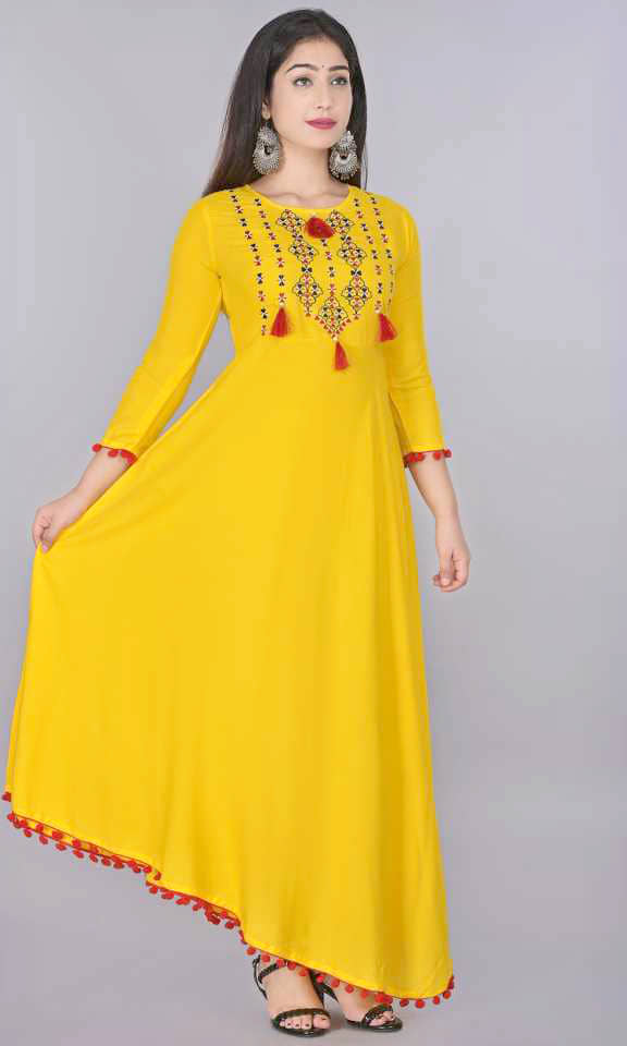 SHREE JEE FABRICS Pack of 1 Rayon Embroidered Flared Women's Kurti - ( Yellow ) - Kurtis, Tunics | Buy online on ZillyBuy