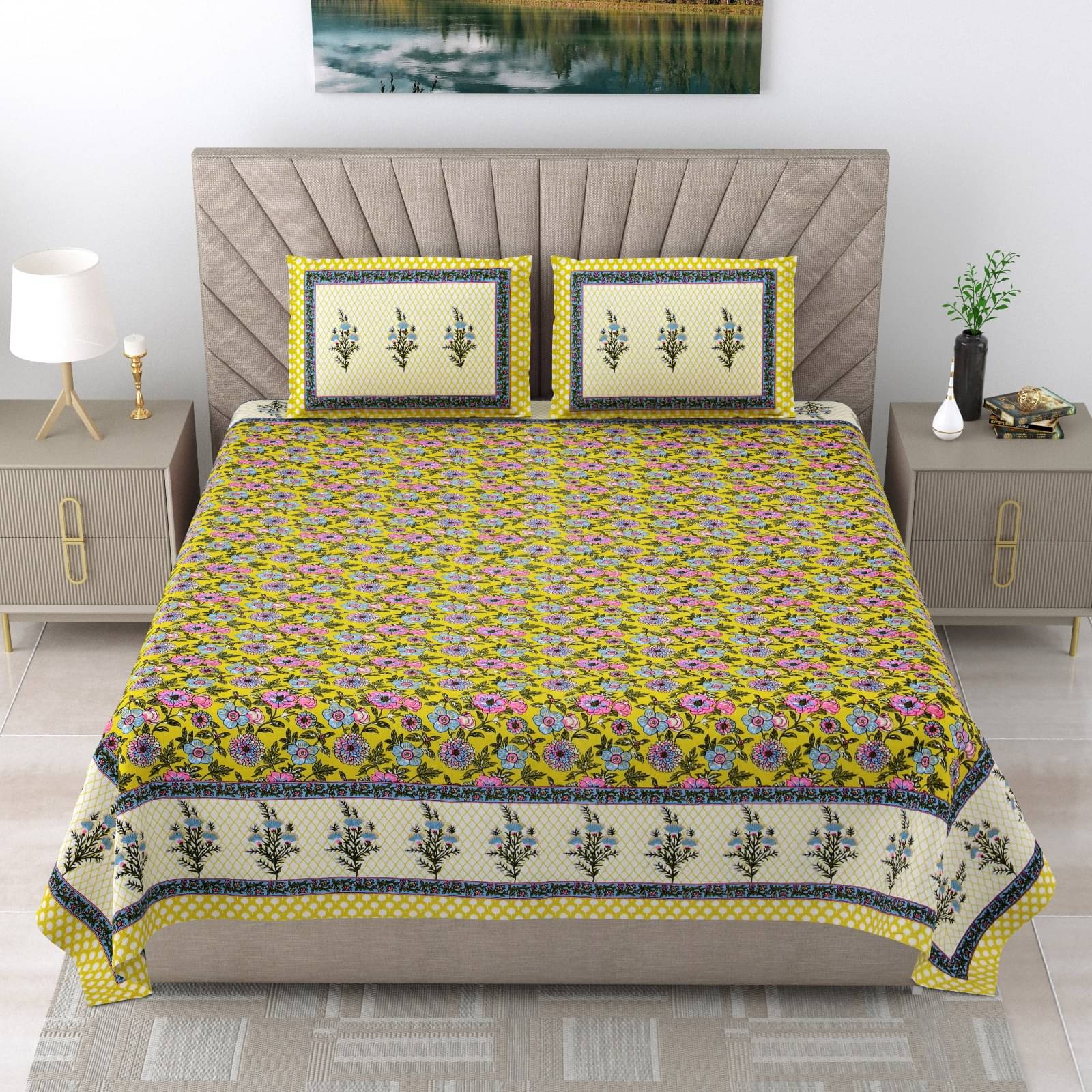     			Shubastik Cotton 1 Double Queen Bedsheet with 2 Pillow Covers ( Yellow )