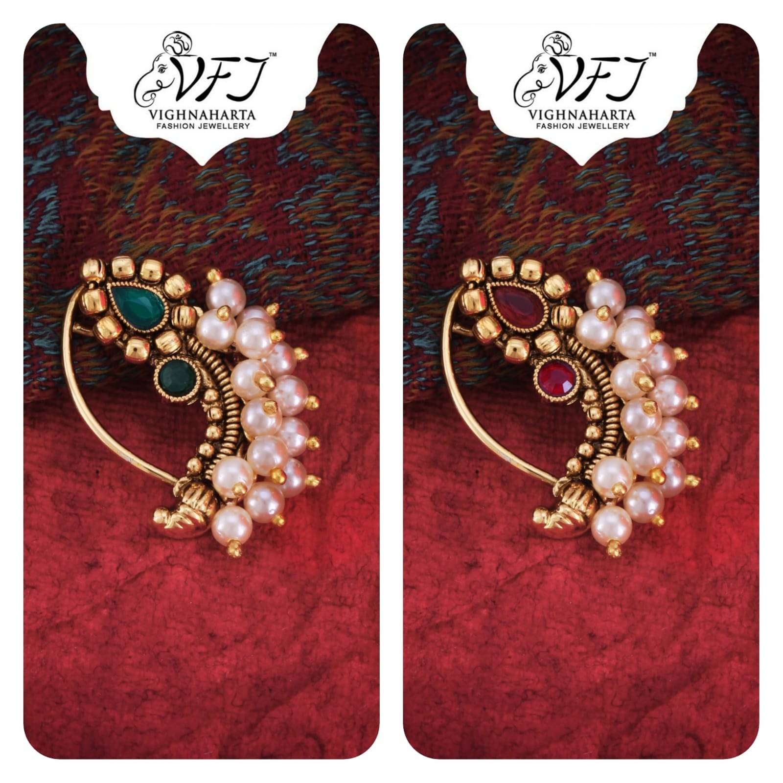     			Vighnaharta Artificial stone and Pearls moti Nath Nathiya./ Nose Pin combo 2 nath for women and Girls[VFJ1256NTH-PRESS-GREEN&RED]