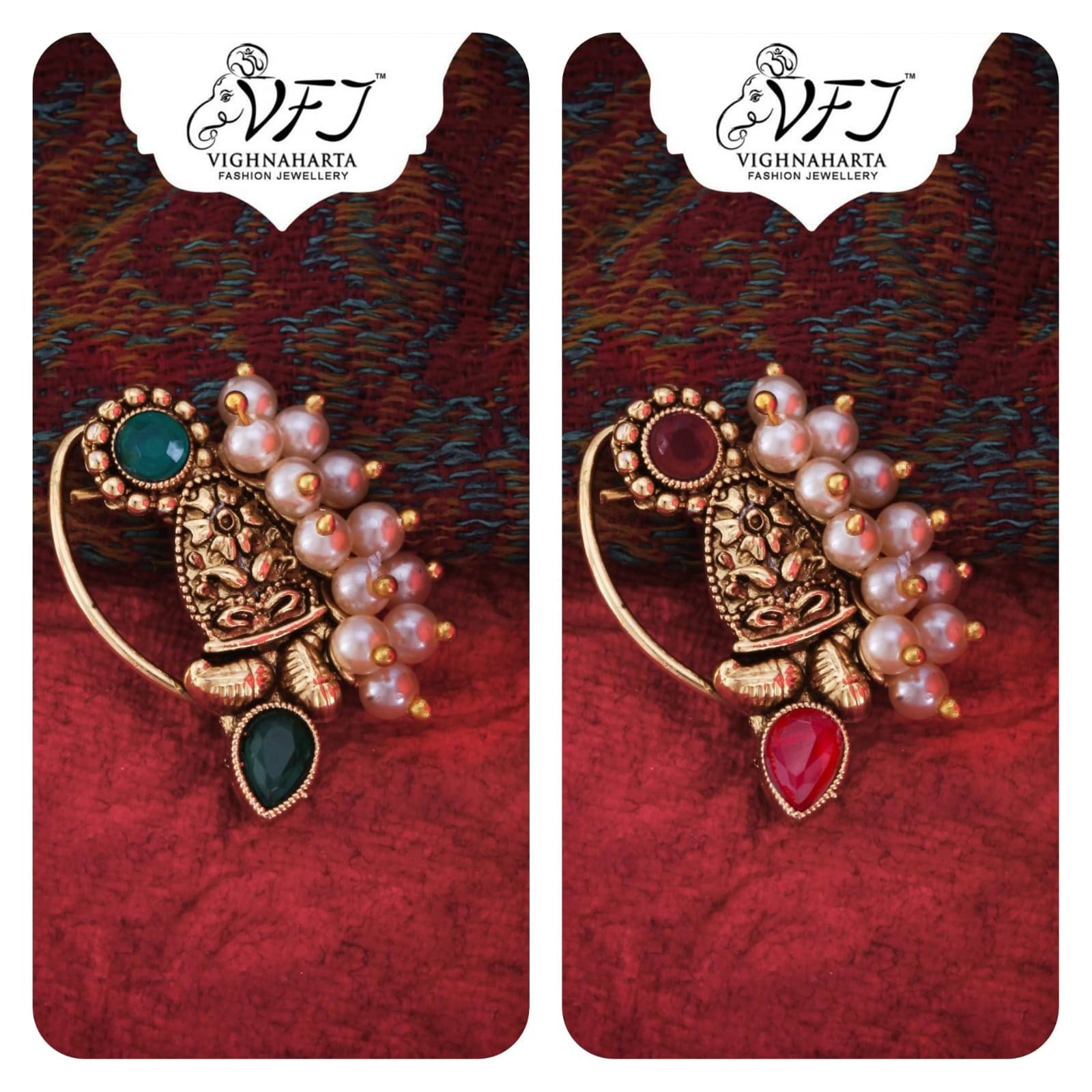     			Vighnaharta Artificial stone and Pearls moti Nath Nathiya./ Nose Pin combo 2 nath for women and Girls[VFJ1257NTH-PRESS-GREEN&RED]