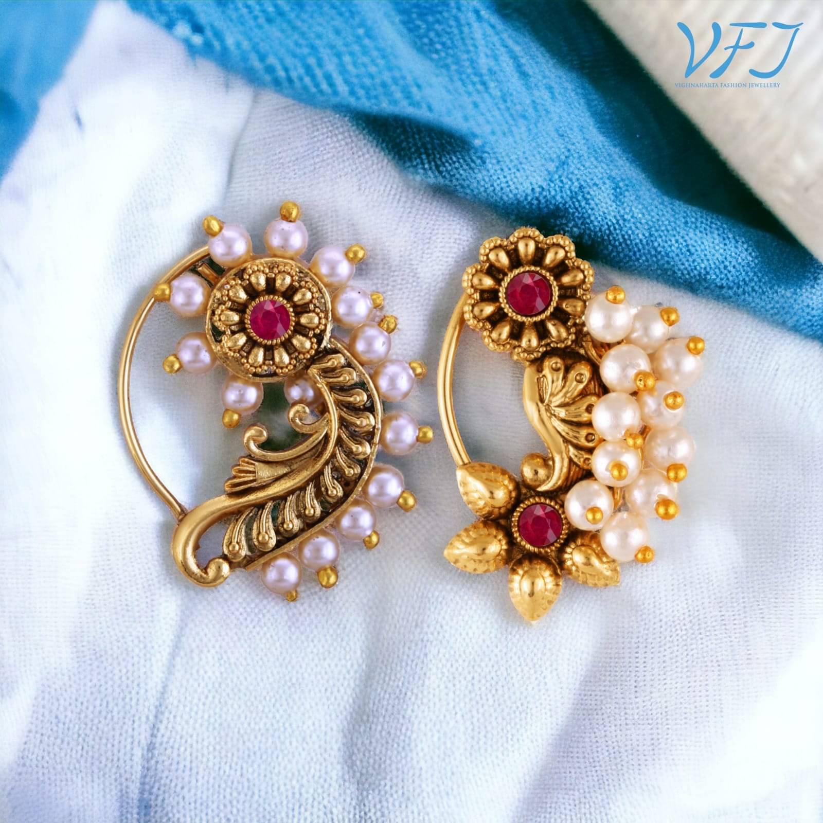     			Vighnaharta Artificial stone and Pearls moti Nath Nathiya./ Nose Pin combo 2 nath for women and Girls[VFJ1180-1275NTH-PRESS-RED]