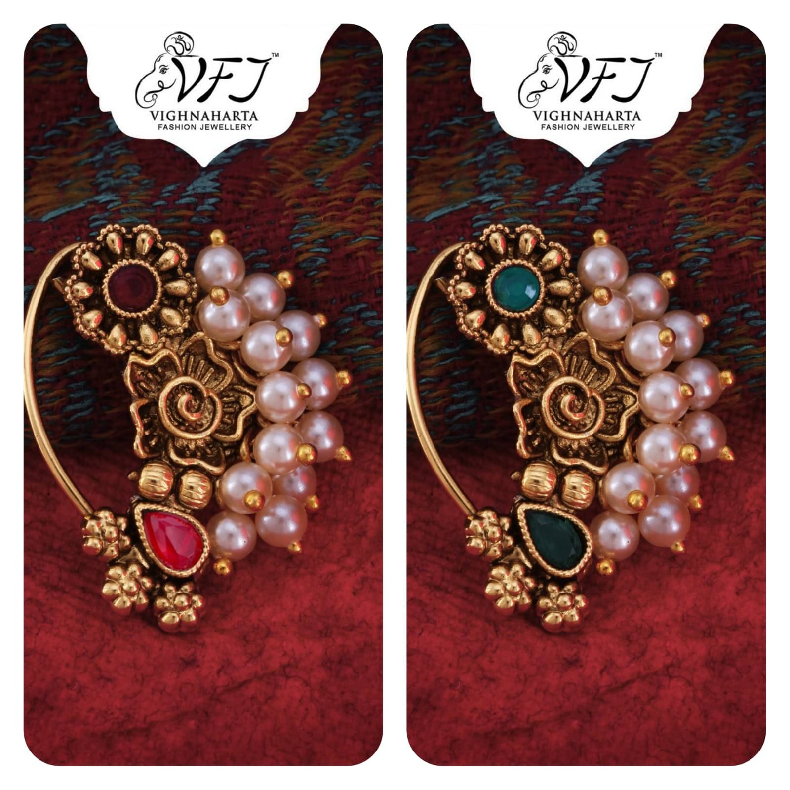     			Vighnaharta Artificial stone and Pearls moti Nath Nathiya./ Nose Pin combo 2 nath for women and Girls[VFJ1255NTH-PRESS-GREEN&RED]