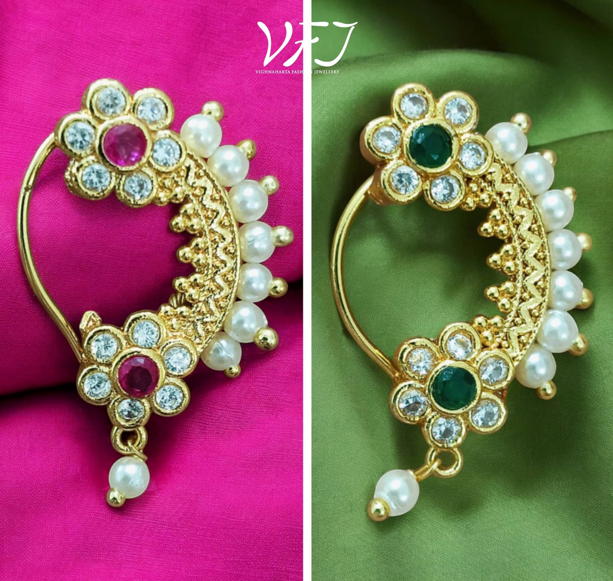     			Vighnaharta Artificial stone and Pearls moti Nath Nathiya./ Nose Pin combo 2 nath for women and Girls[VFJ1300-NTH-PRESS-GREEN&RED]