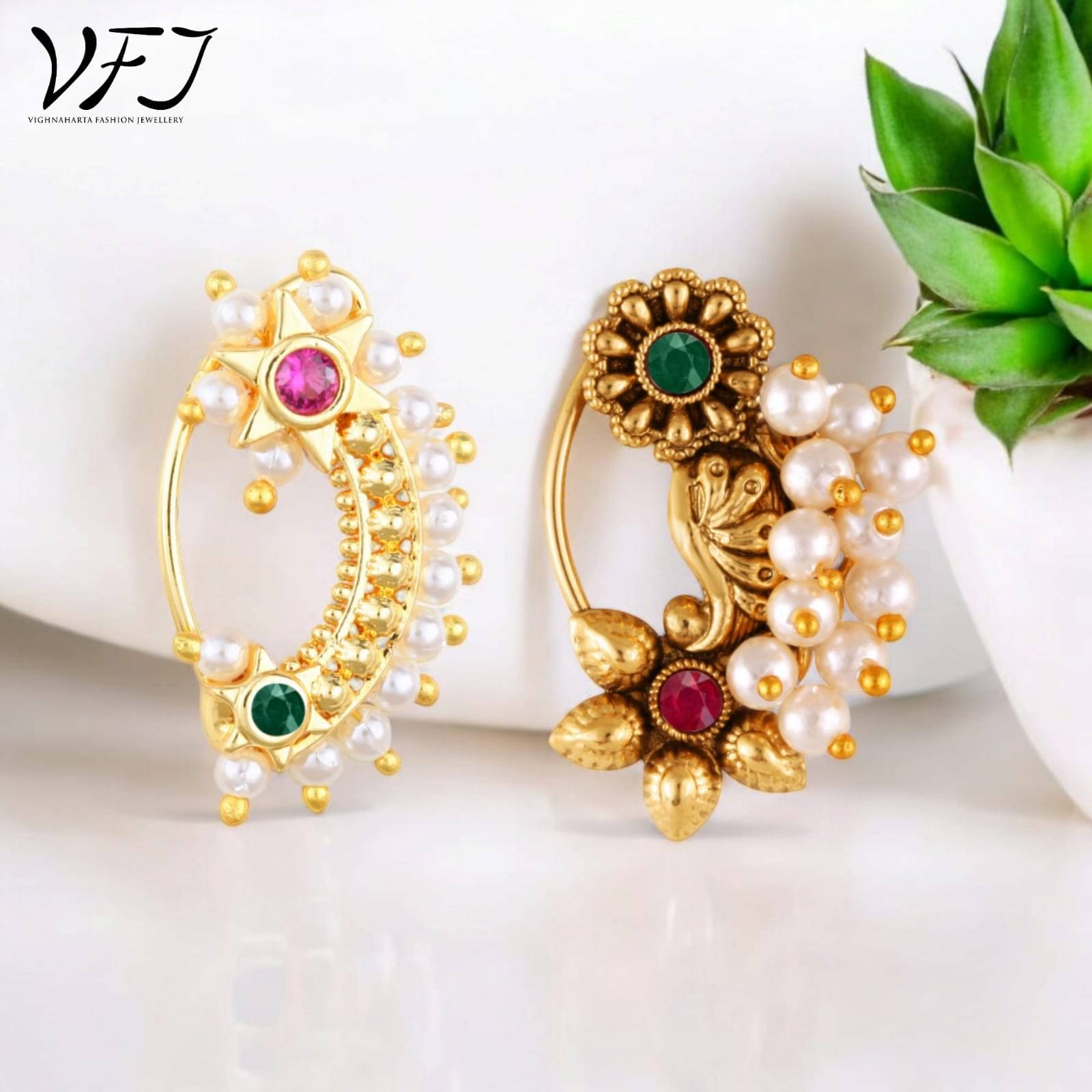     			Vighnaharta Artificial stone and Pearls moti Nath Nathiya./ Nose Pin combo 2 nath for women and Girls[VFJ1067-1180NTH-PRESS-MULTI]