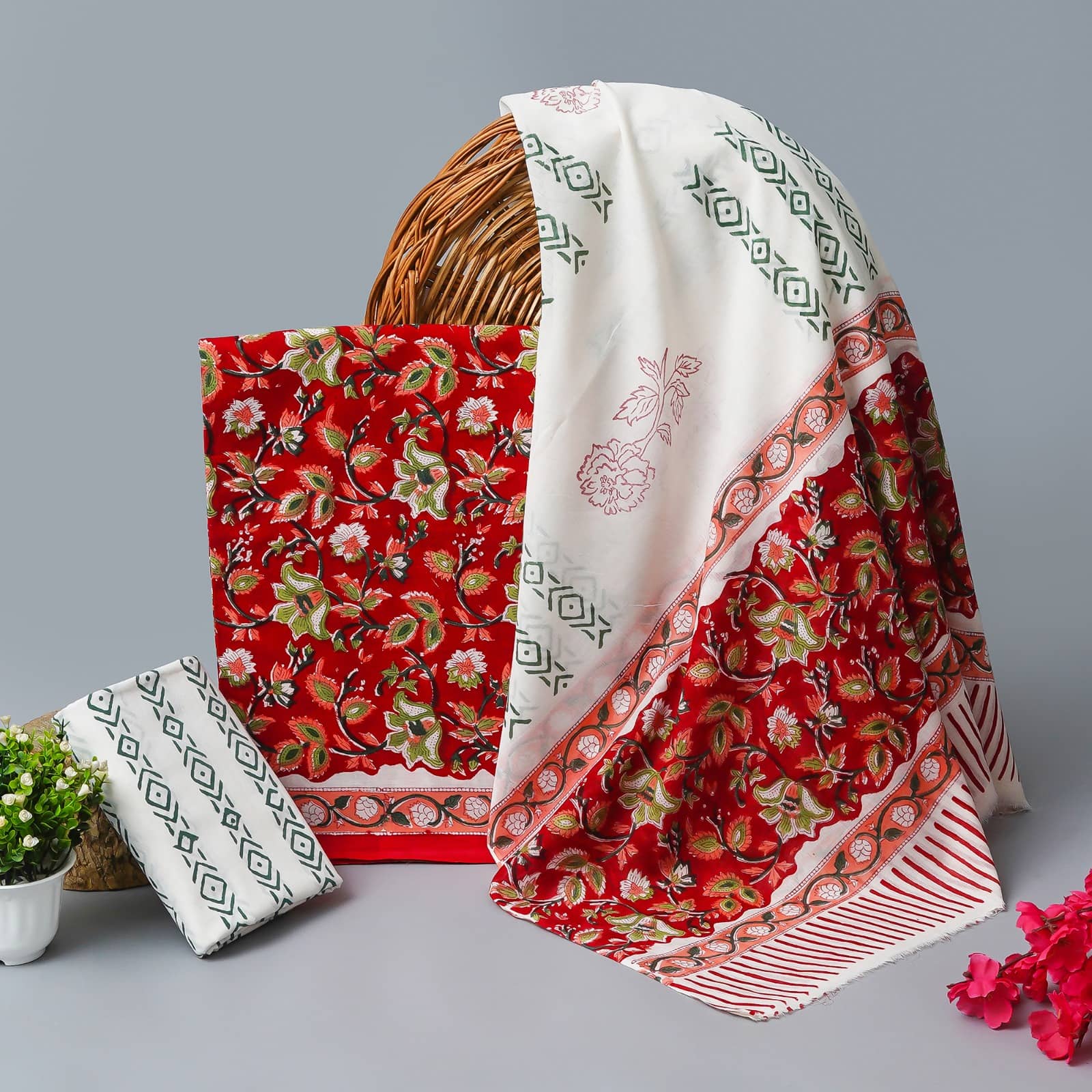 kwatchi Unstitched Cotton Printed Dress Material - Red ( Pack of 1 ) - Unstitched Fabrics | Buy online on ZillyBuy
