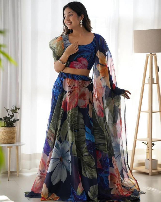     			piludi Blue Organza Straight Semi Stitched Lehenga Single