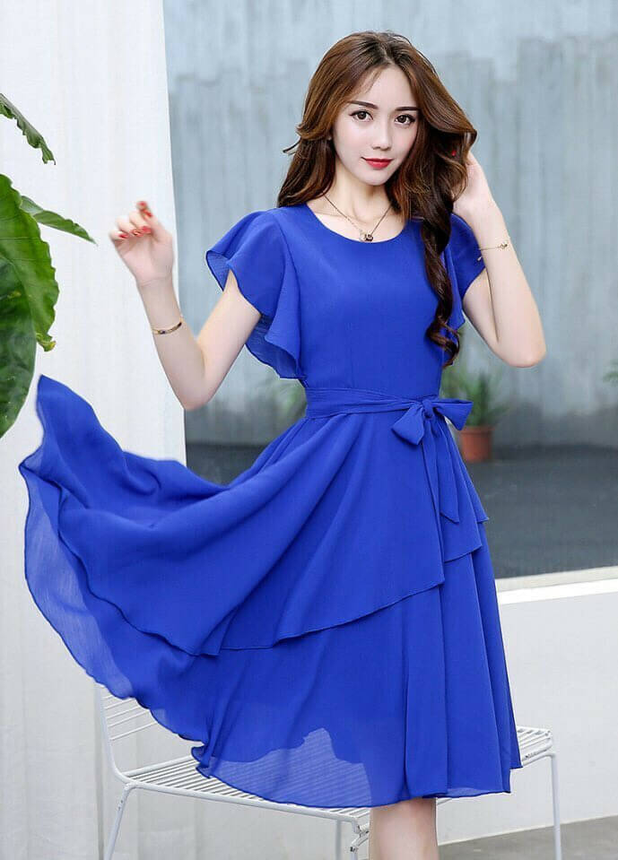     			vivient Women Georgette Solid Fit & Flare Dress ( Blue )