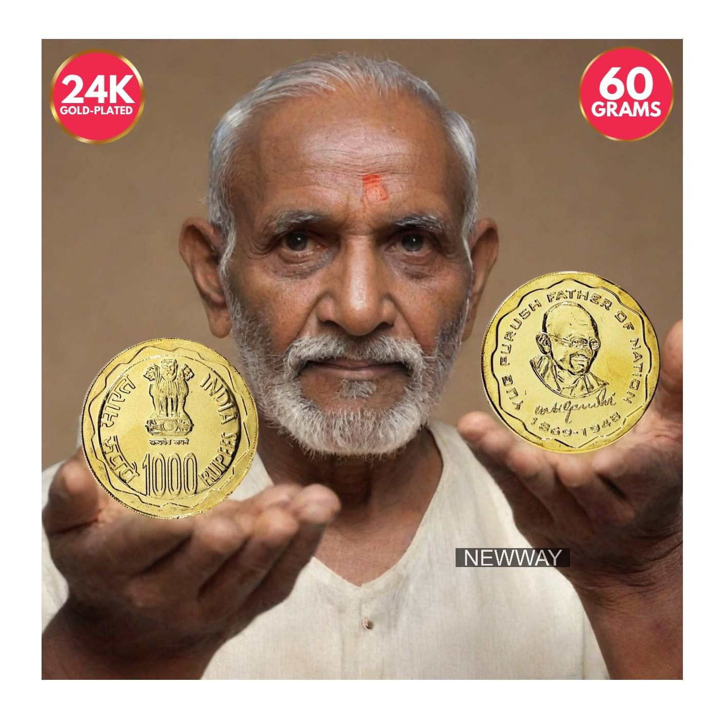     			60 Grams 1000 Rupees 1869-1948 Mahatma Gandhi - Yug Purush Father of the Nation Rare Gold-plated Heavy Coin