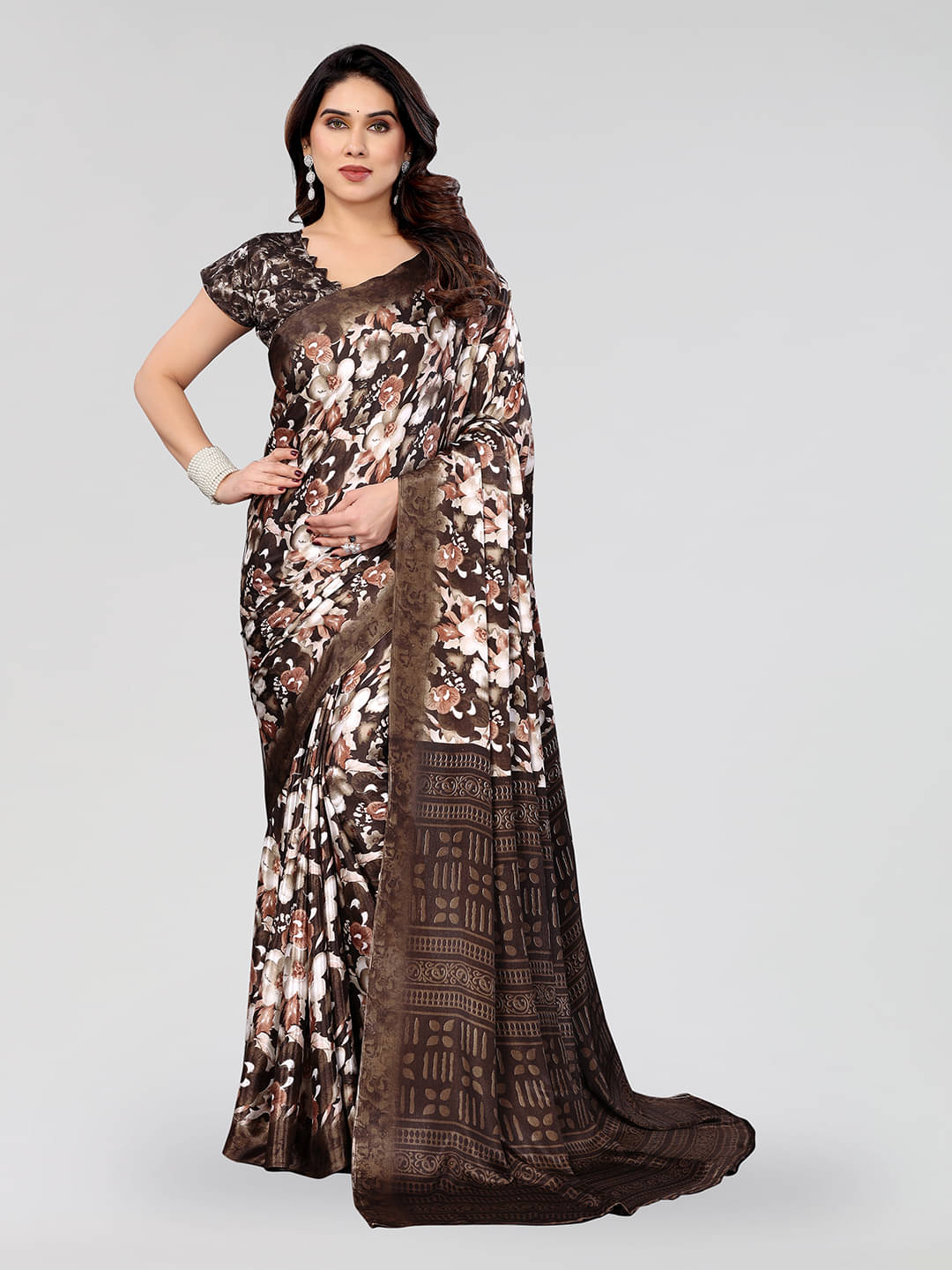 ANAND SAREES Silk Blend Printed Saree With Unstitched Blouse Piece ( Brown ) ANAND SAREES Silk Blend Printed Saree With Unstitched Blouse Piece ( Brown )