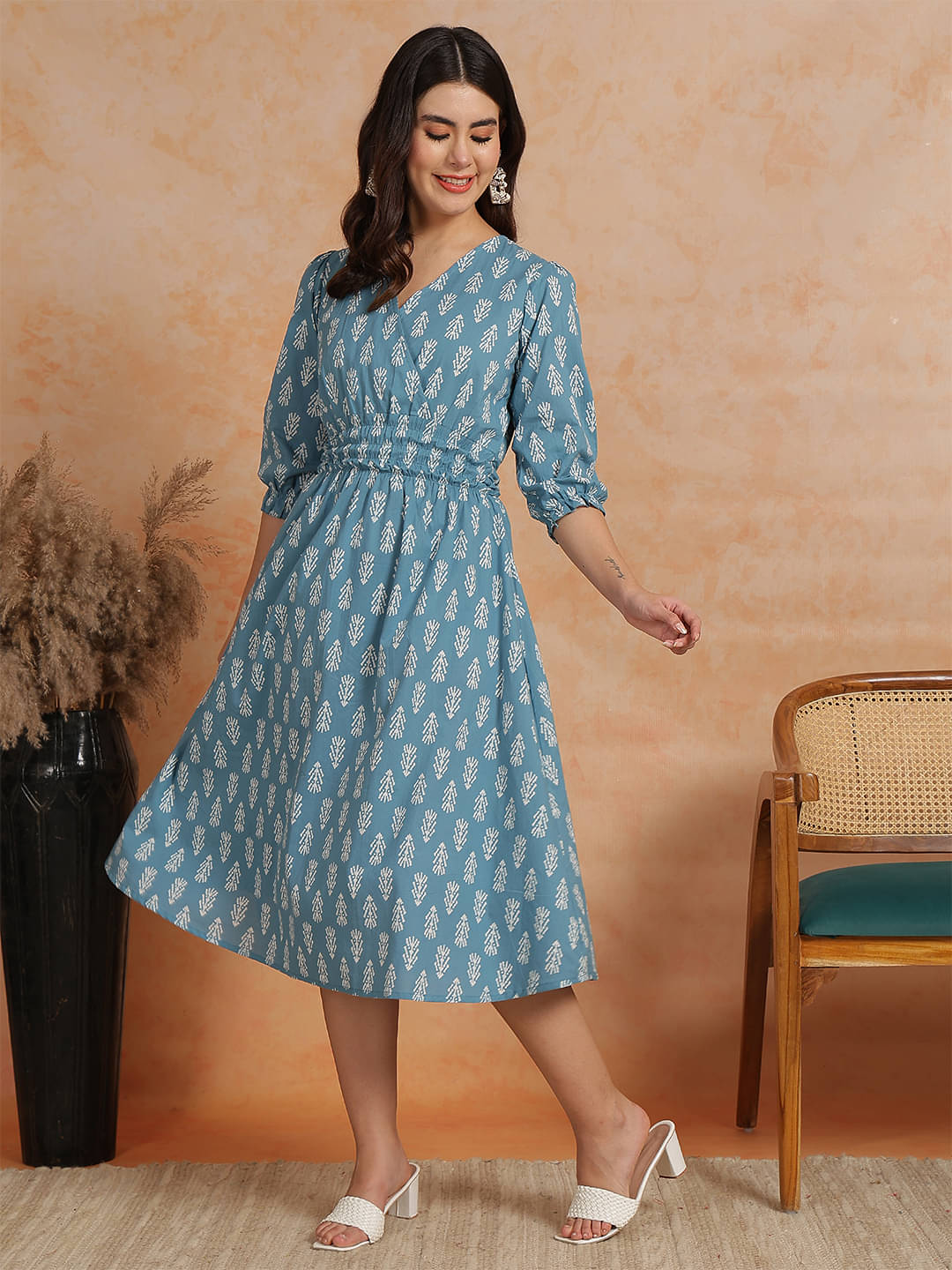     			Antaran Women Cotton Printed Fit & Flare Dress ( Blue )