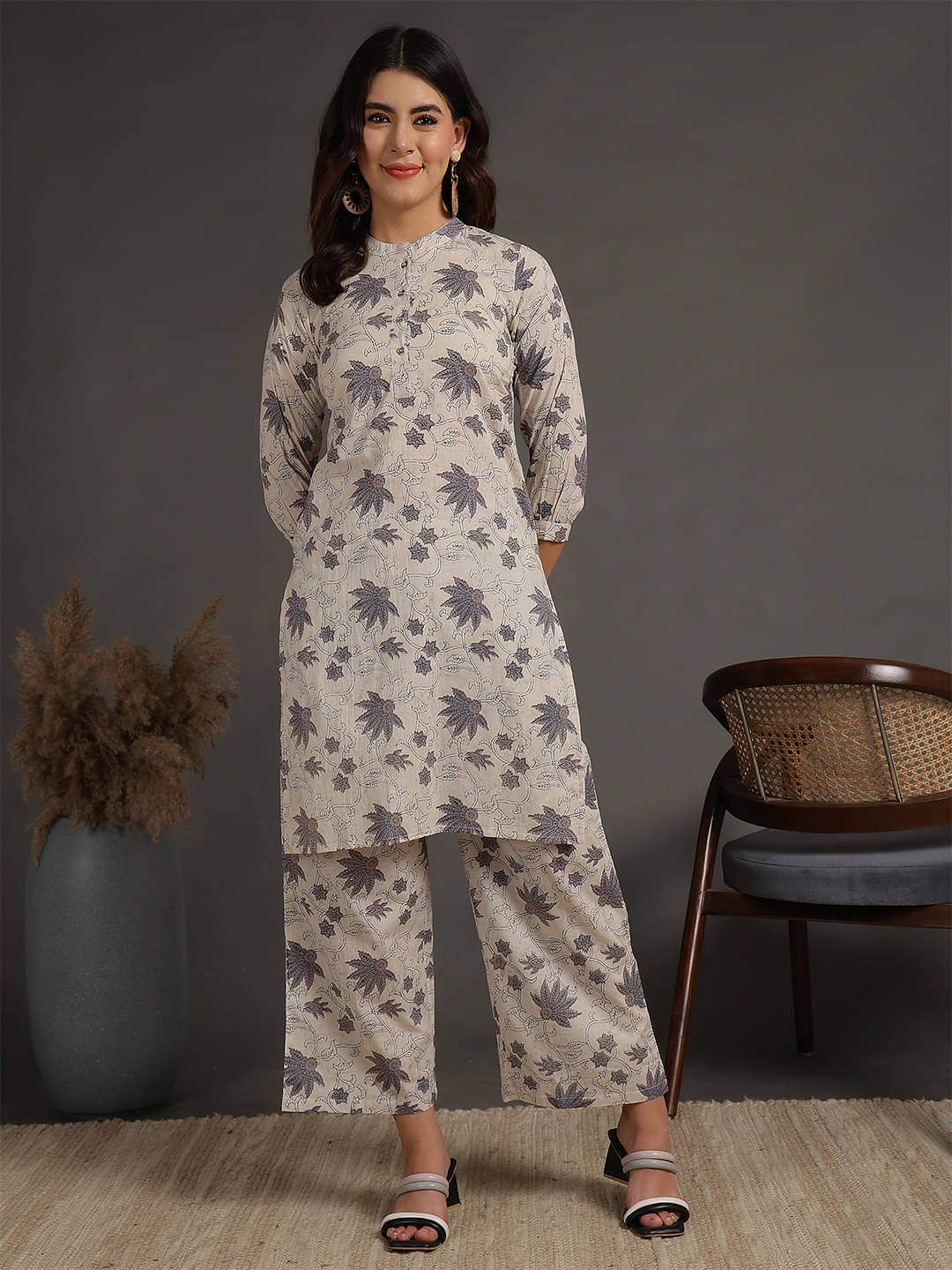 Antaran Cotton Printed Kurti With Palazzo Women's Stitched Salwar Suit - Beige ( Pack of 1 ) Antaran Cotton Printed Kurti With Palazzo Women's Stitched Salwar Suit - Beige ( Pack of 1 )