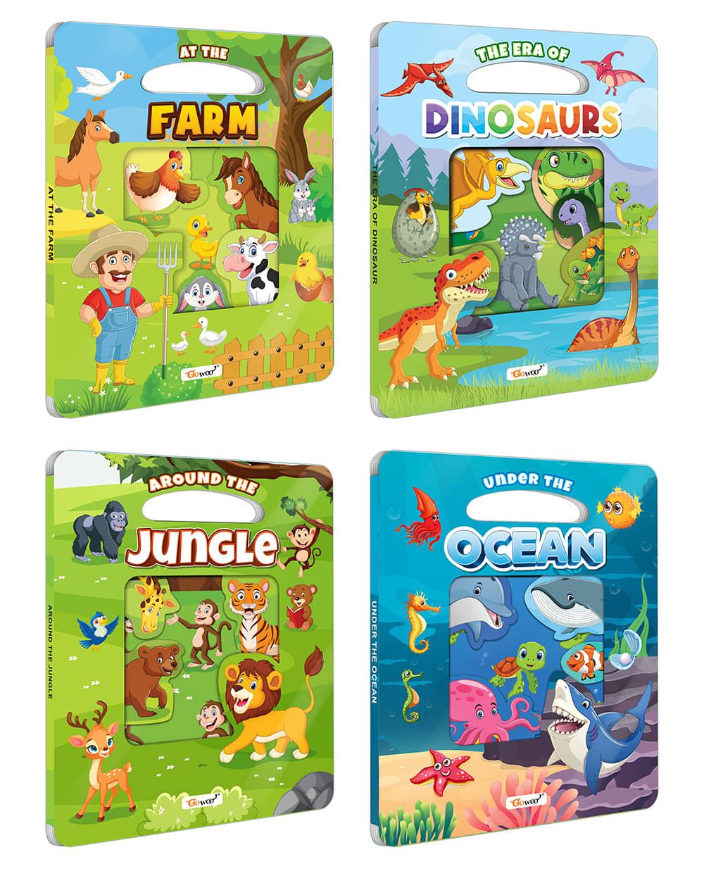 At the Farm, The Era of Dinosaur, Around the Jungle and Under the Ocean Window Cut Board Book : Picture Book for Children, Early Learning Die cut shape Book, Board Book for Young Learners | Combo of 4 Die Cut Shape Board Books At the Farm, The Era of Dinosaur, Around the Jungle and Under the Ocean Window Cut Board Book : Picture Book for Children, Early Learning Die cut shape Book, Board Book for Young Learners | Combo of 4 Die Cut Shape Board Books