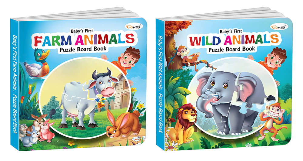 Baby's First Farm Animals and Wild Animals Puzzle Board Book : Kids learning board book, Puzzle book for young kids, Educational board book, Self-Correcting Puzzle Book | Combo of 2 Puzzle board books     			Baby's First Farm Animals and Wild Animals Puzzle Board Book : Kids learning board book, Puzzle book for young kids, Educational board book, Self-Correcting Puzzle Book | Combo of 2 Puzzle board books