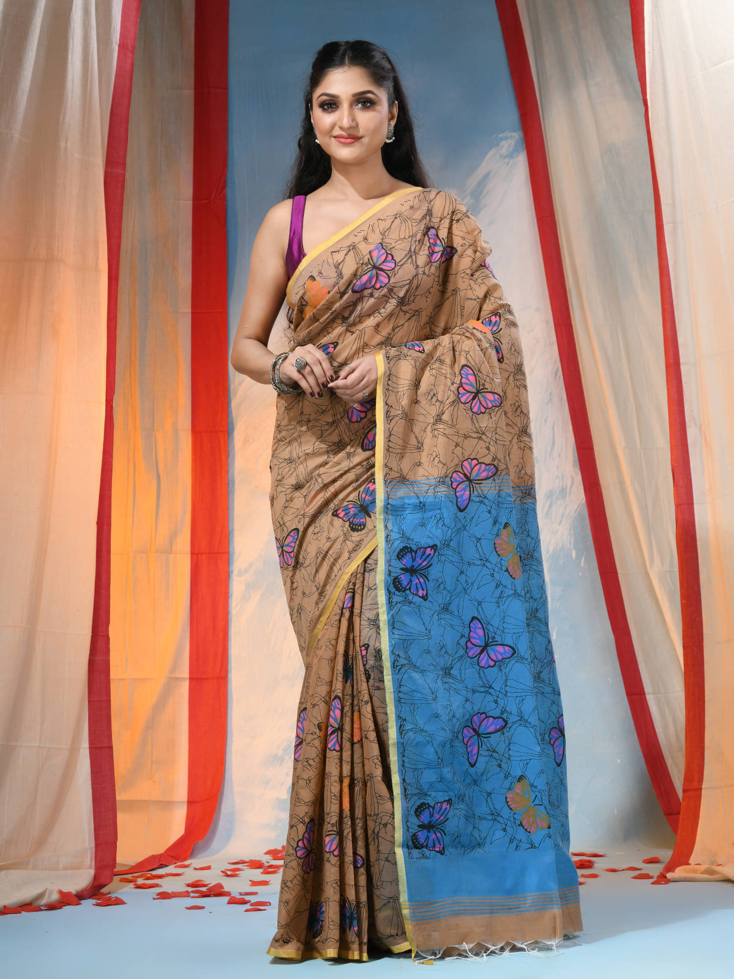 Desh Bidesh Cotton Blend Printed Saree With Unstitched Blouse Piece ( Blue ) Desh Bidesh Cotton Blend Printed Saree With Unstitched Blouse Piece ( Blue )