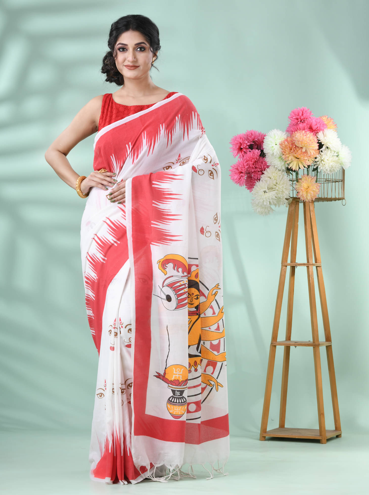     			Desh Bidesh Cotton Printed Saree With Unstitched Blouse Piece ( Red )