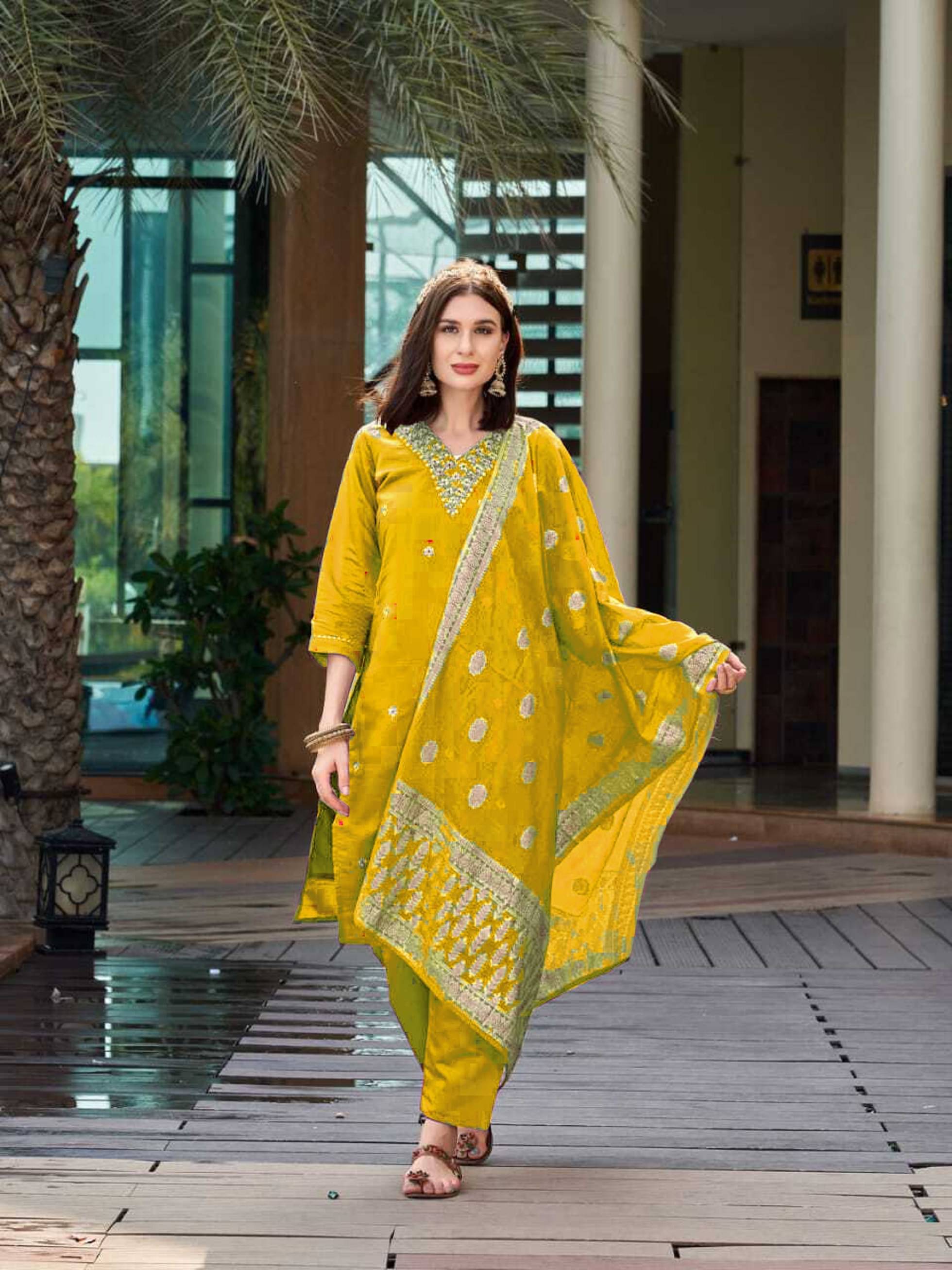     			GOPI SAREE Cotton Silk Embroidered Kurti With Pants Women's Stitched Salwar Suit - Yellow ( Pack of 1 )
