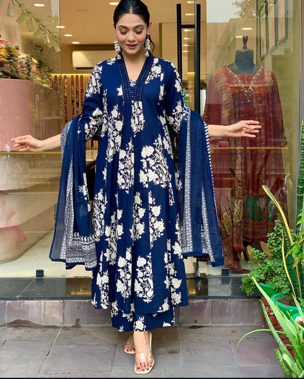     			HF WORD Cotton Printed Kurti With Palazzo Women's Stitched Salwar Suit - Blue ( Pack of 1 )