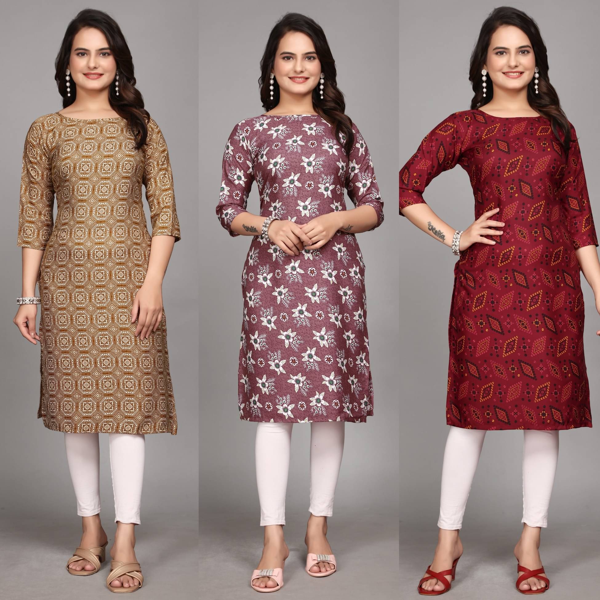 KALAVRITTA Pack of 3 Crepe Printed Straight Women's Kurti - ( Multicoloured ) KALAVRITTA Pack of 3 Crepe Printed Straight Women's Kurti - ( Multicoloured )