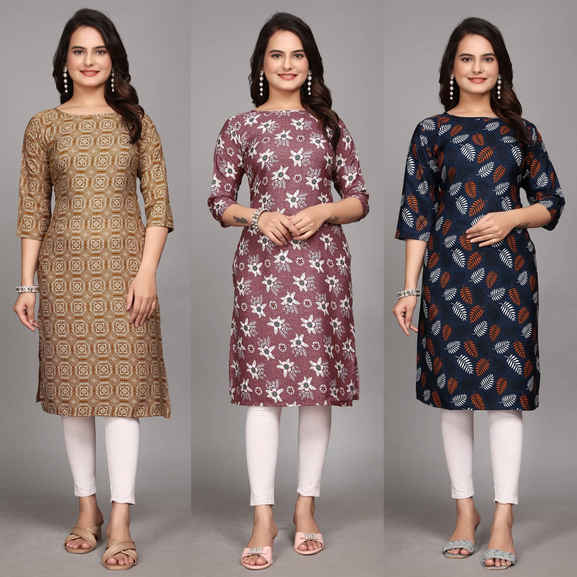 KALAVRITTA Pack of 3 Crepe Printed Straight Women's Kurti - ( Multicoloured )     			KALAVRITTA Pack of 3 Crepe Printed Straight Women's Kurti - ( Multicoloured )