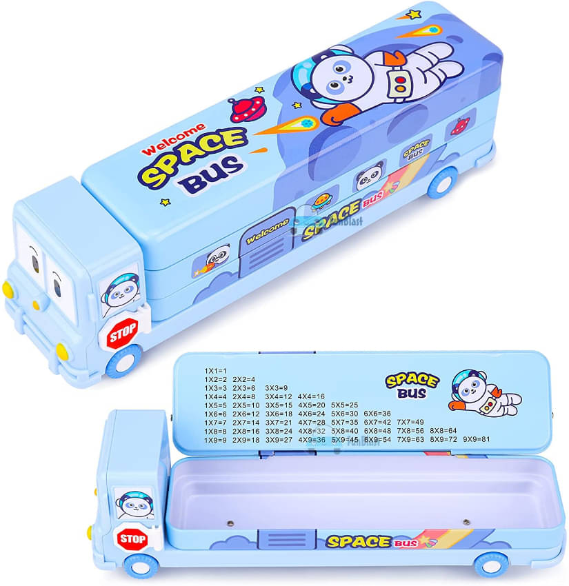     			Kalra Magic Space Bus Shaped Metal Pencil Box for Kids Fun Astronaut & Math Learning Design, Multiplication Table Inside, Stationery Organizer Pack 1