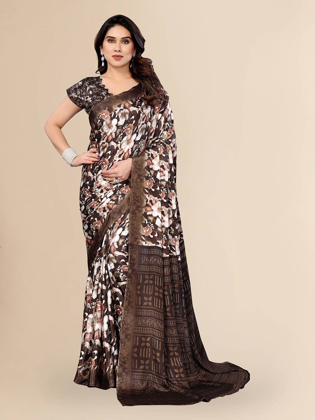 Kashvi Sarees Silk Blend Printed Saree With Unstitched Blouse Piece ( Brown ) Kashvi Sarees Silk Blend Printed Saree With Unstitched Blouse Piece ( Brown )