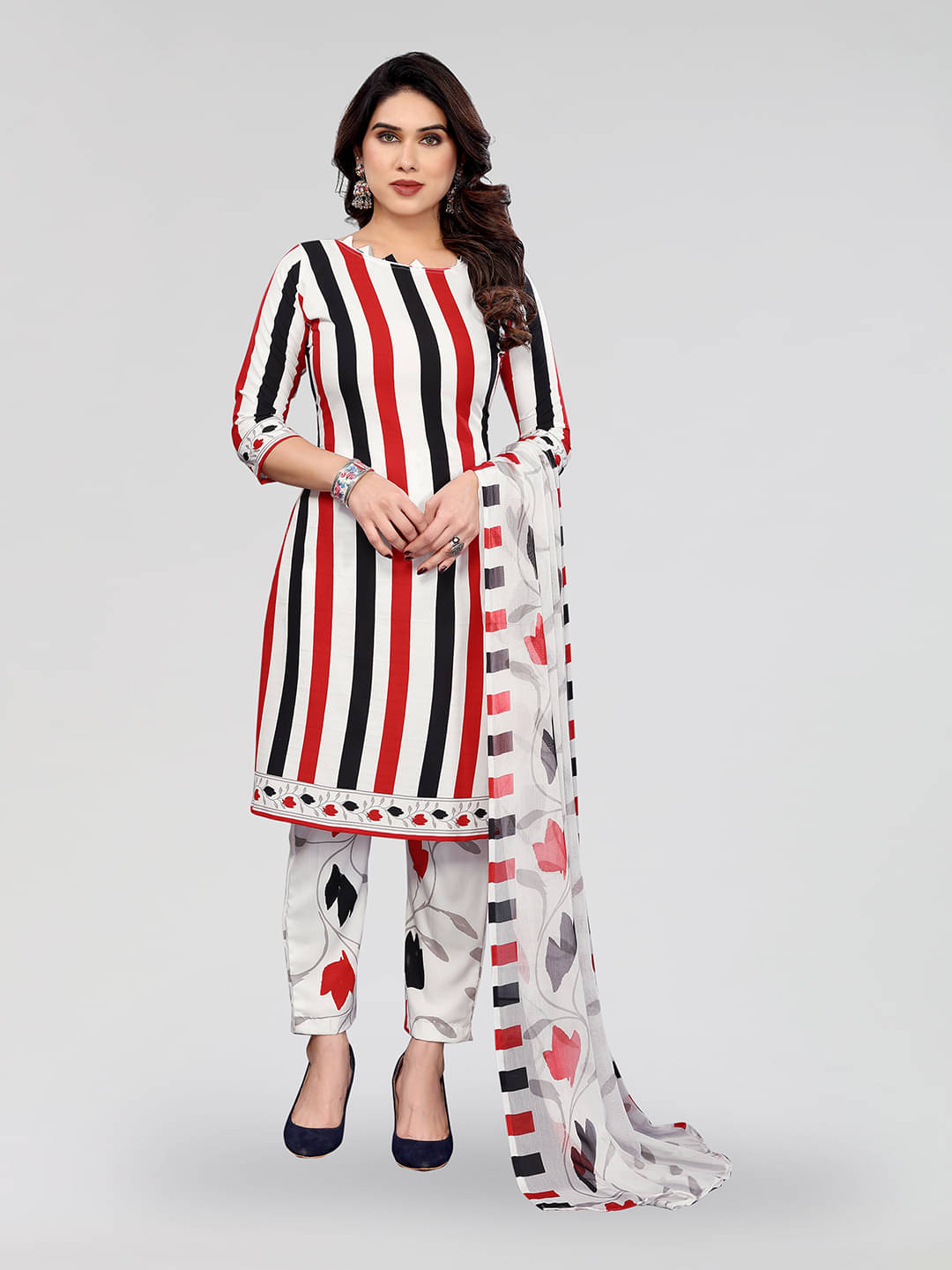     			Kashvi Unstitched Crepe Striped Dress Material - White ( Pack of 1 )